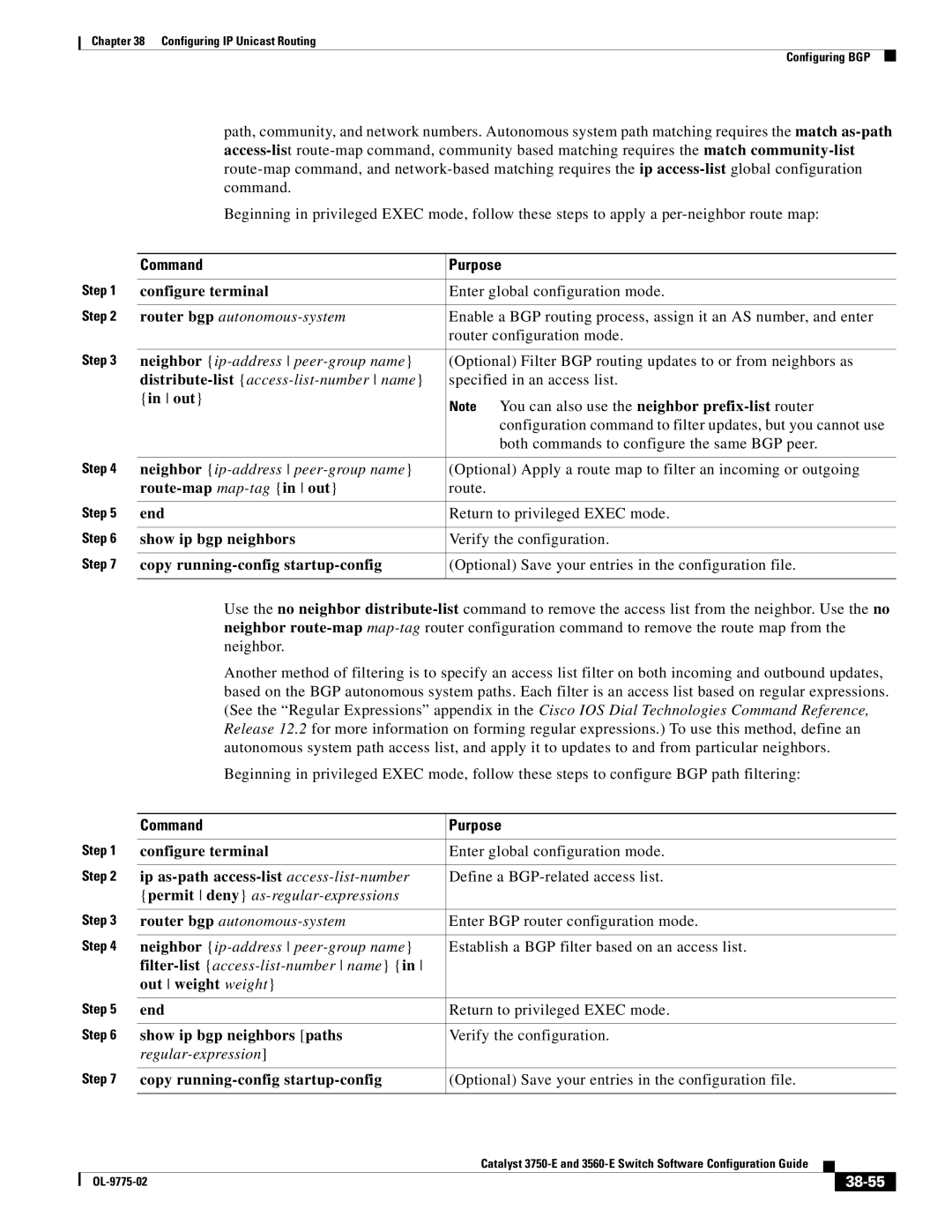 Cisco Systems 3750E manual Route-map map-tag in out, Ip as-path access-list access-list-number, Out weight weight, 38-55 