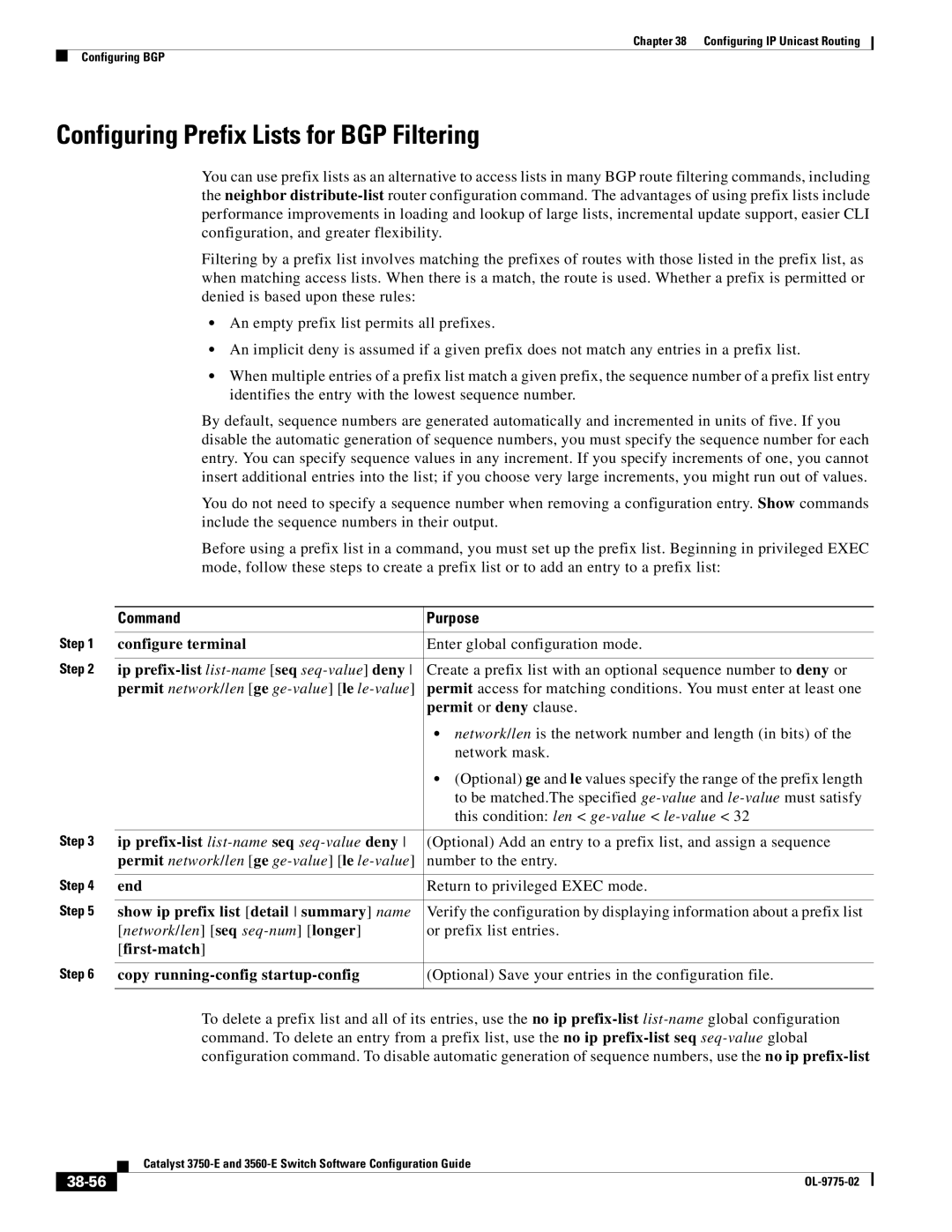 Cisco Systems 3750E manual Configuring Prefix Lists for BGP Filtering, 38-56 