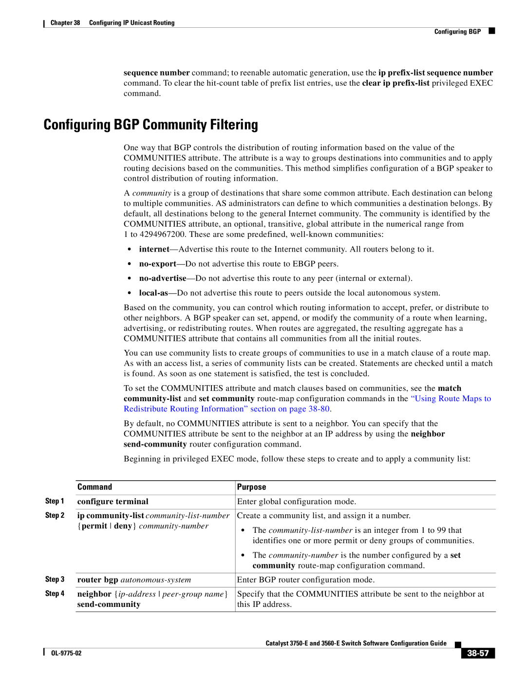 Cisco Systems 3750E Configuring BGP Community Filtering, Ip community-listcommunity-list-number, Send-community, 38-57 