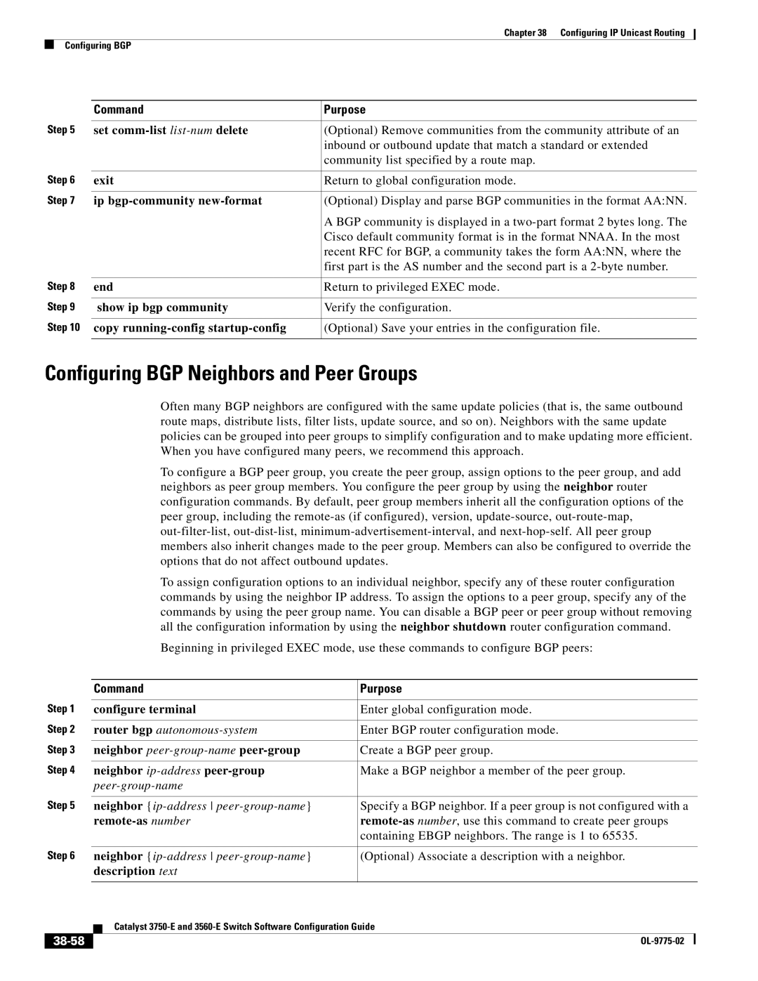 Cisco Systems 3750E Configuring BGP Neighbors and Peer Groups, Set comm-list list-num delete, Ip bgp-community new-format 