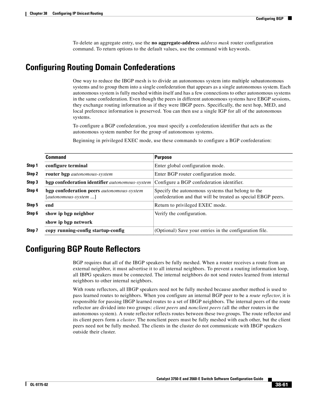 Cisco Systems 3750E manual Configuring Routing Domain Confederations, Configuring BGP Route Reflectors, 38-61 