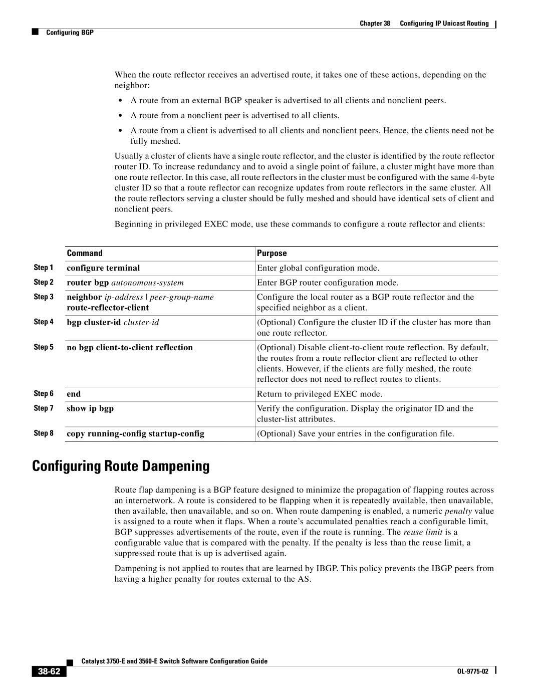 Cisco Systems 3750E manual Configuring Route Dampening, Route-reflector-client, Bgp cluster-id cluster-id, 38-62 