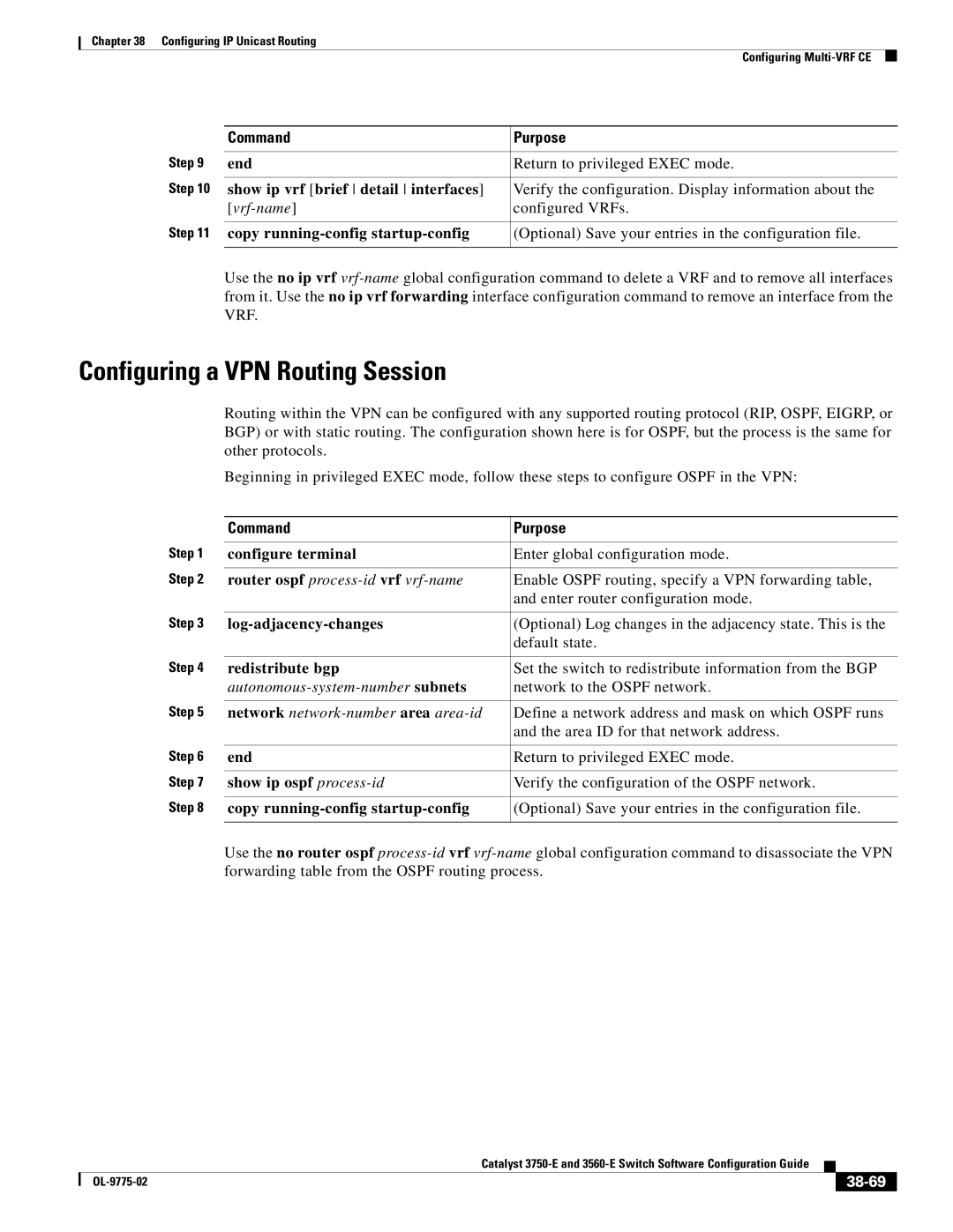 Cisco Systems 3750E Configuring a VPN Routing Session, Show ip vrf brief detail interfaces, Log-adjacency-changes, 38-69 