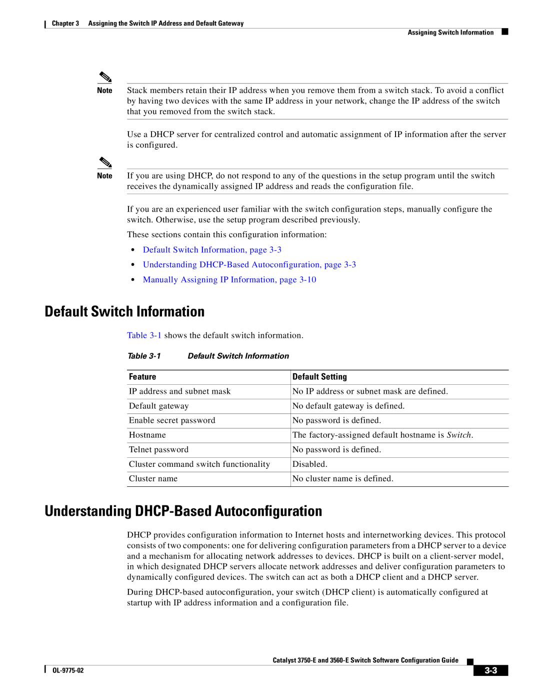 Cisco Systems 3750E manual Default Switch Information, Understanding DHCP-Based Autoconfiguration, Feature Default Setting 