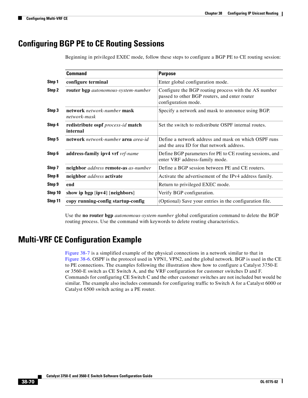 Cisco Systems 3750E manual Configuring BGP PE to CE Routing Sessions, Multi-VRF CE Configuration Example, 38-70 