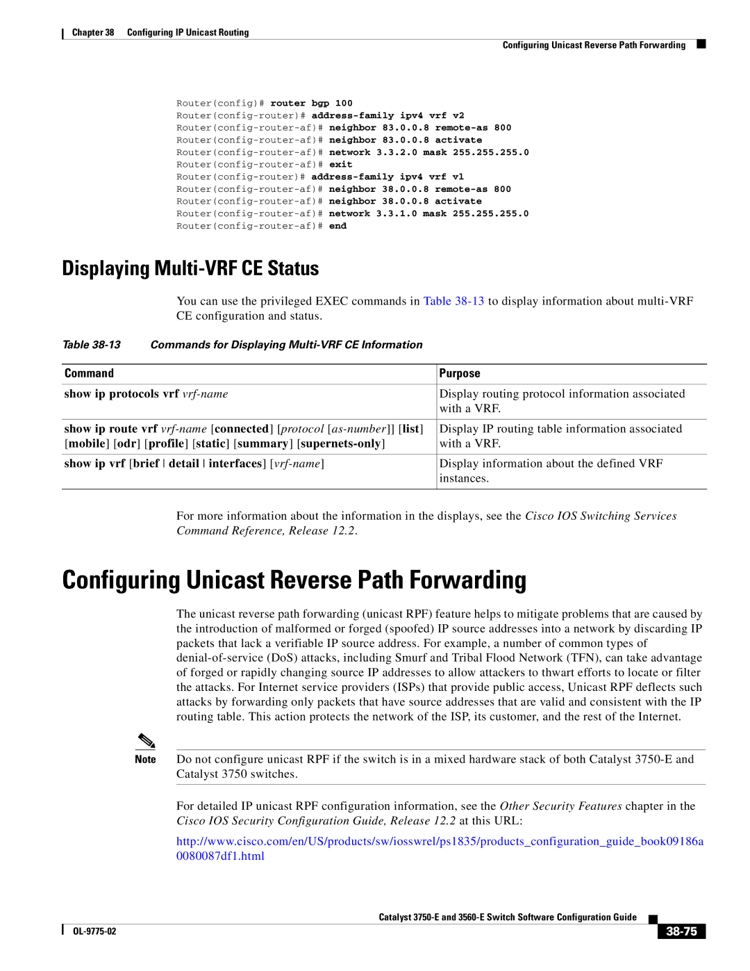 Cisco Systems 3750E manual Configuring Unicast Reverse Path Forwarding, Displaying Multi-VRF CE Status, 38-75 