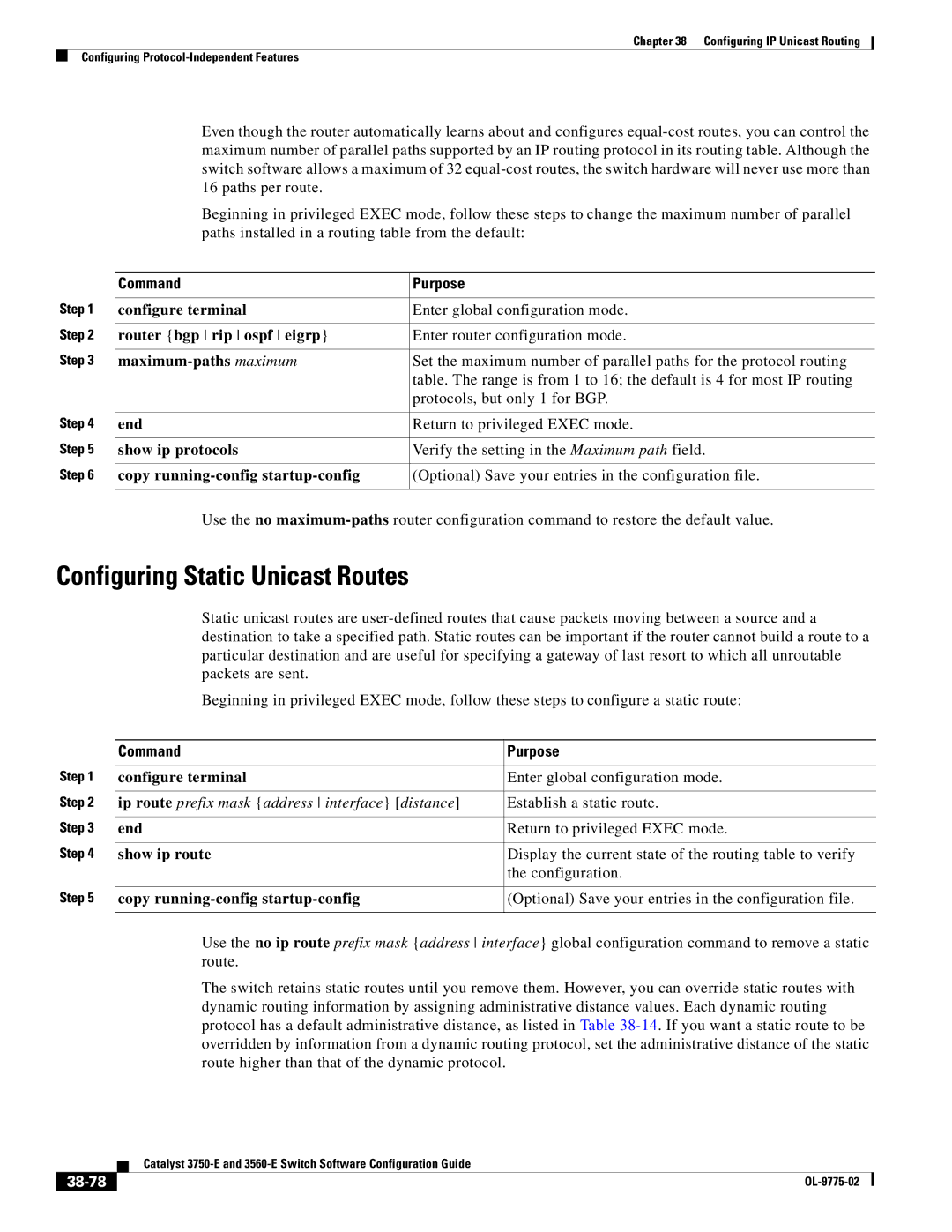 Cisco Systems 3750E Configuring Static Unicast Routes, Router bgp rip ospf eigrp, Maximum-paths maximum, Show ip route 