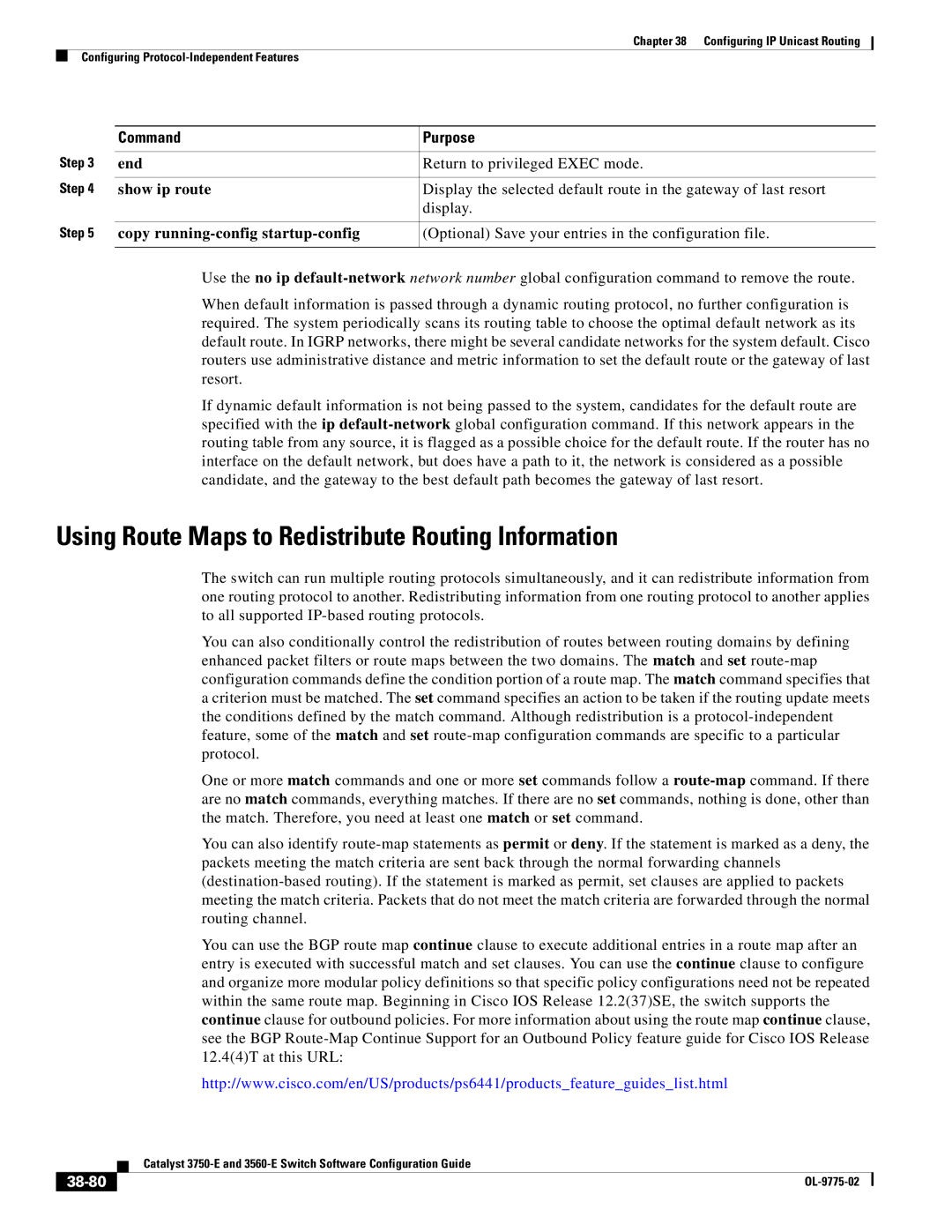 Cisco Systems 3750E manual Using Route Maps to Redistribute Routing Information, 38-80 