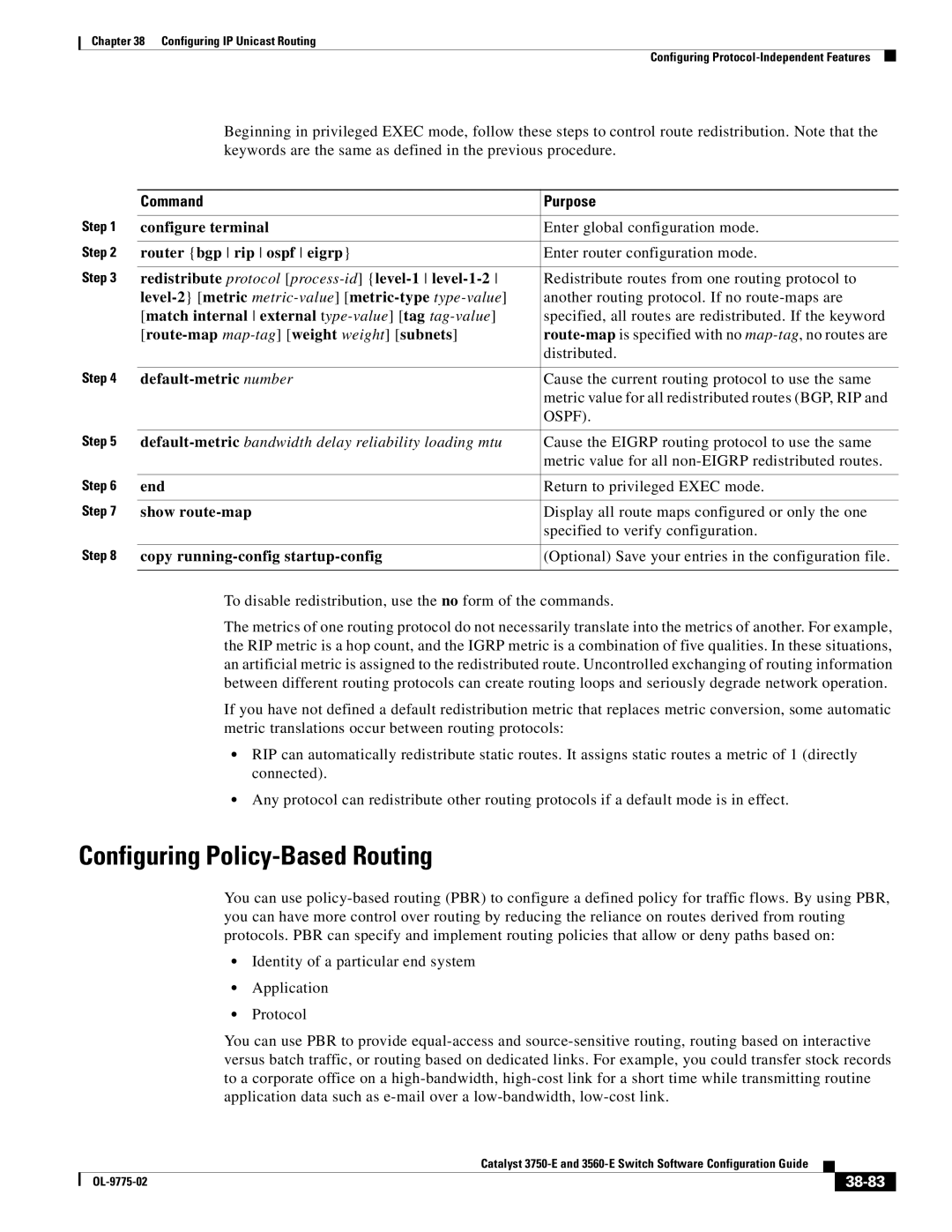 Cisco Systems 3750E manual Configuring Policy-Based Routing, 38-83 