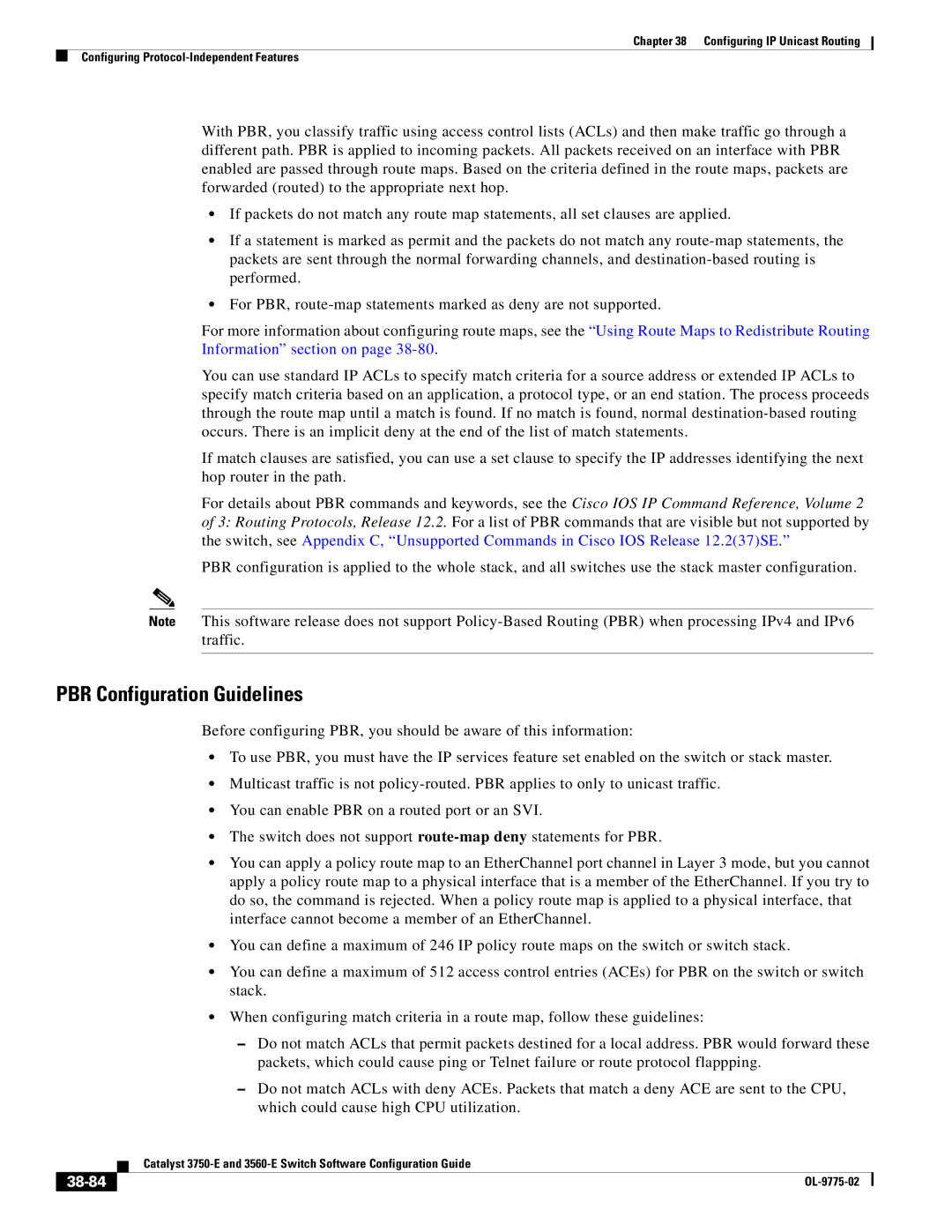 Cisco Systems 3750E manual PBR Configuration Guidelines, 38-84 