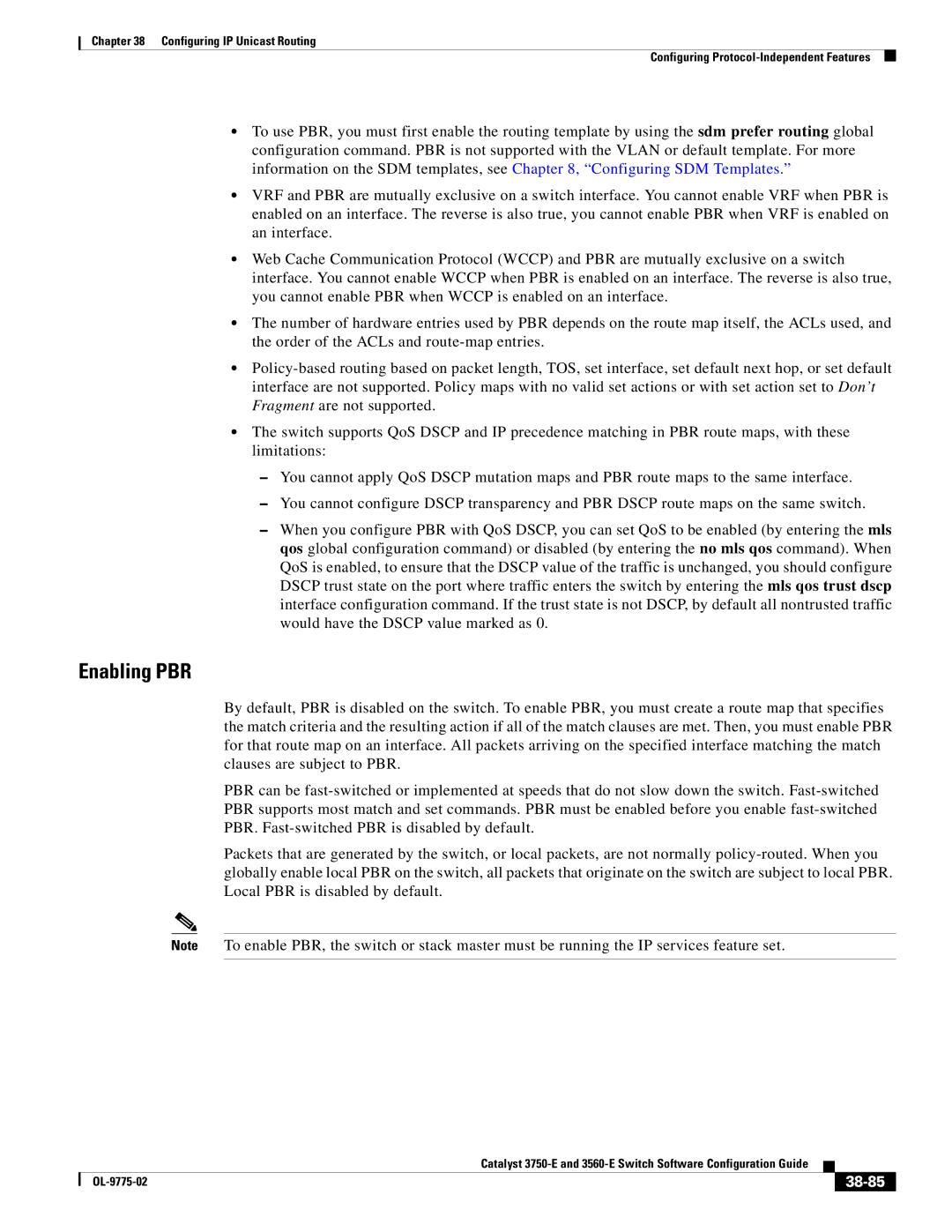 Cisco Systems 3750E manual Enabling PBR, 38-85 