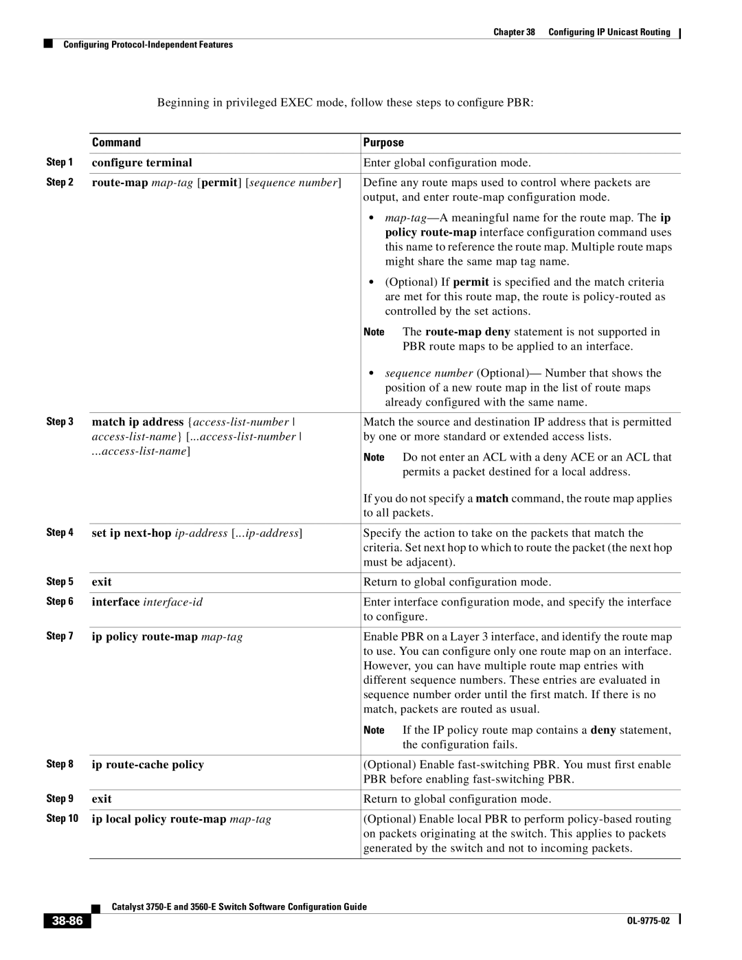 Cisco Systems 3750E manual Ip policy route-map map-tag, Ip route-cache policy, Ip local policy route-map map-tag, 38-86 