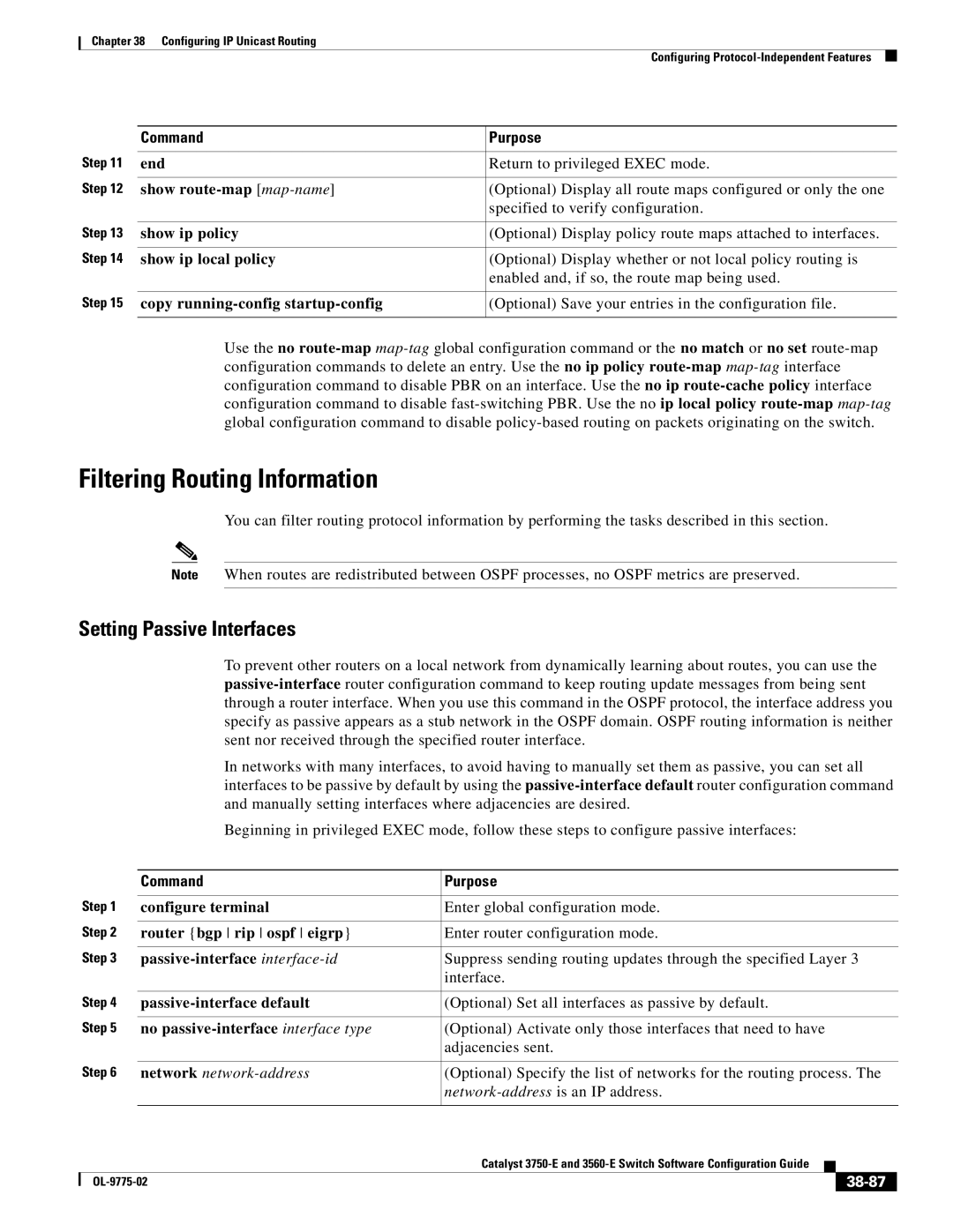 Cisco Systems 3750E manual Filtering Routing Information, Setting Passive Interfaces, 38-87 