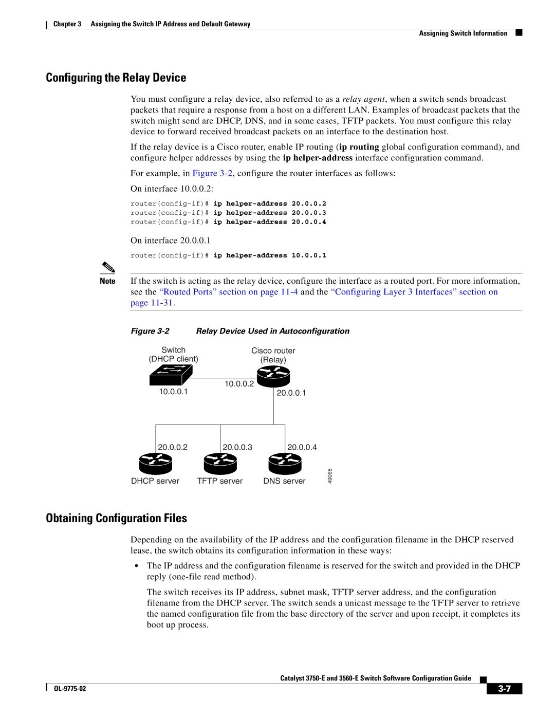 Cisco Systems 3750E manual Configuring the Relay Device, Obtaining Configuration Files, Routerconfig-if#ip helper-address 