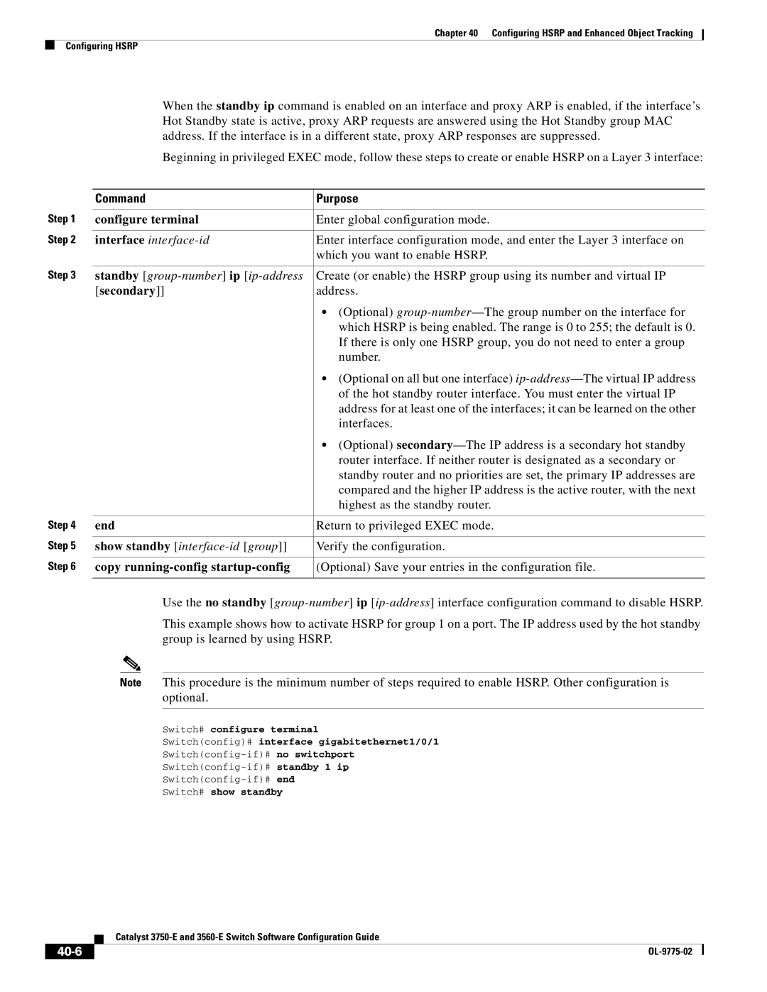 Cisco Systems 3750E manual Standby group-number ip ip-address, Secondary, Show standby interface-id group, 40-6 