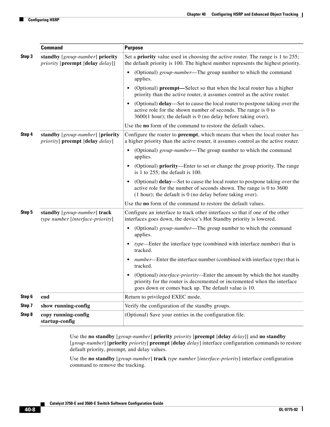 Cisco Systems 3750E manual Standby group-number priority, Priority preempt delay delay, Standby group-number track, 40-8 