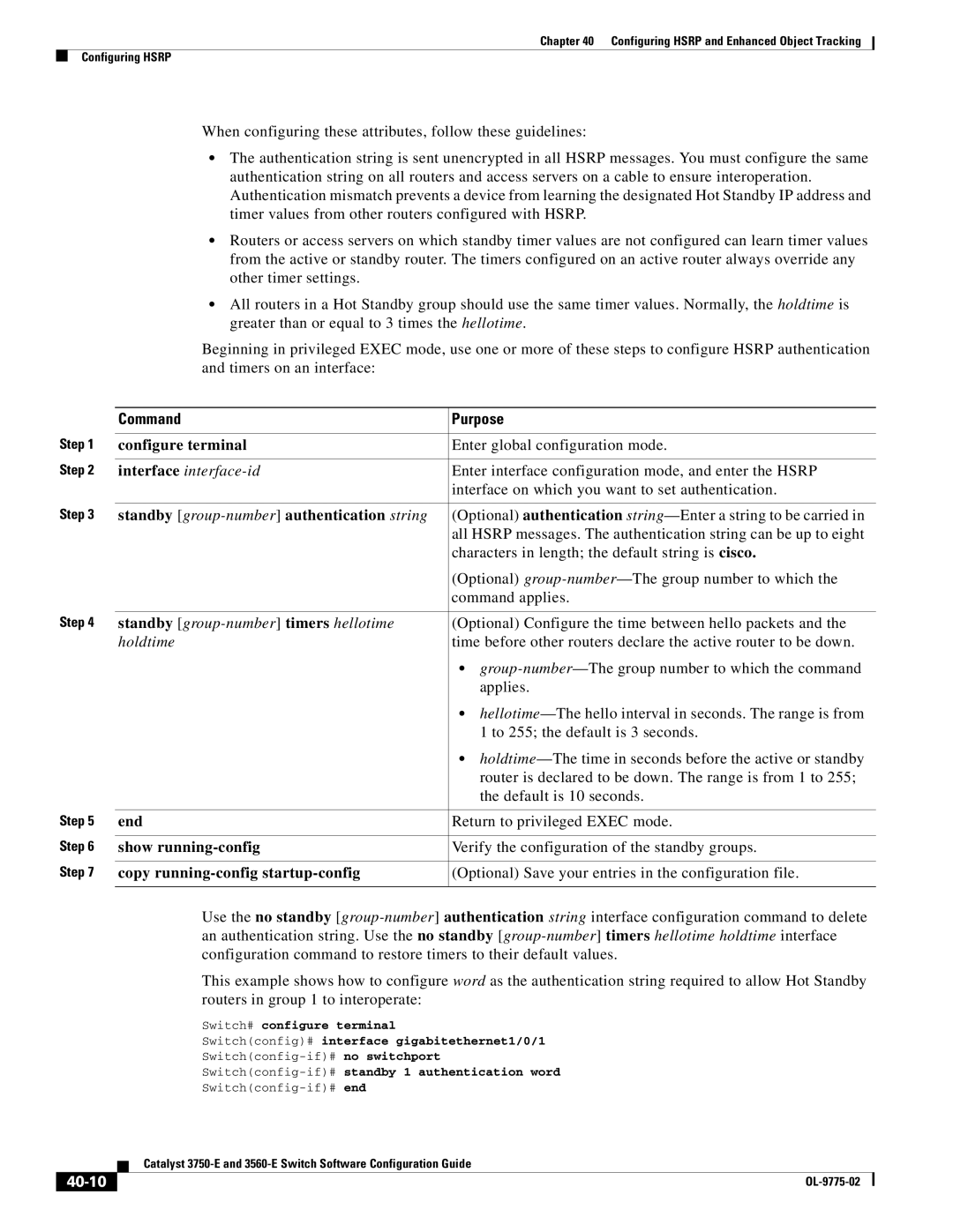 Cisco Systems 3750E Standby group-number authentication string, Standby group-number timers hellotime, Holdtime, 40-10 