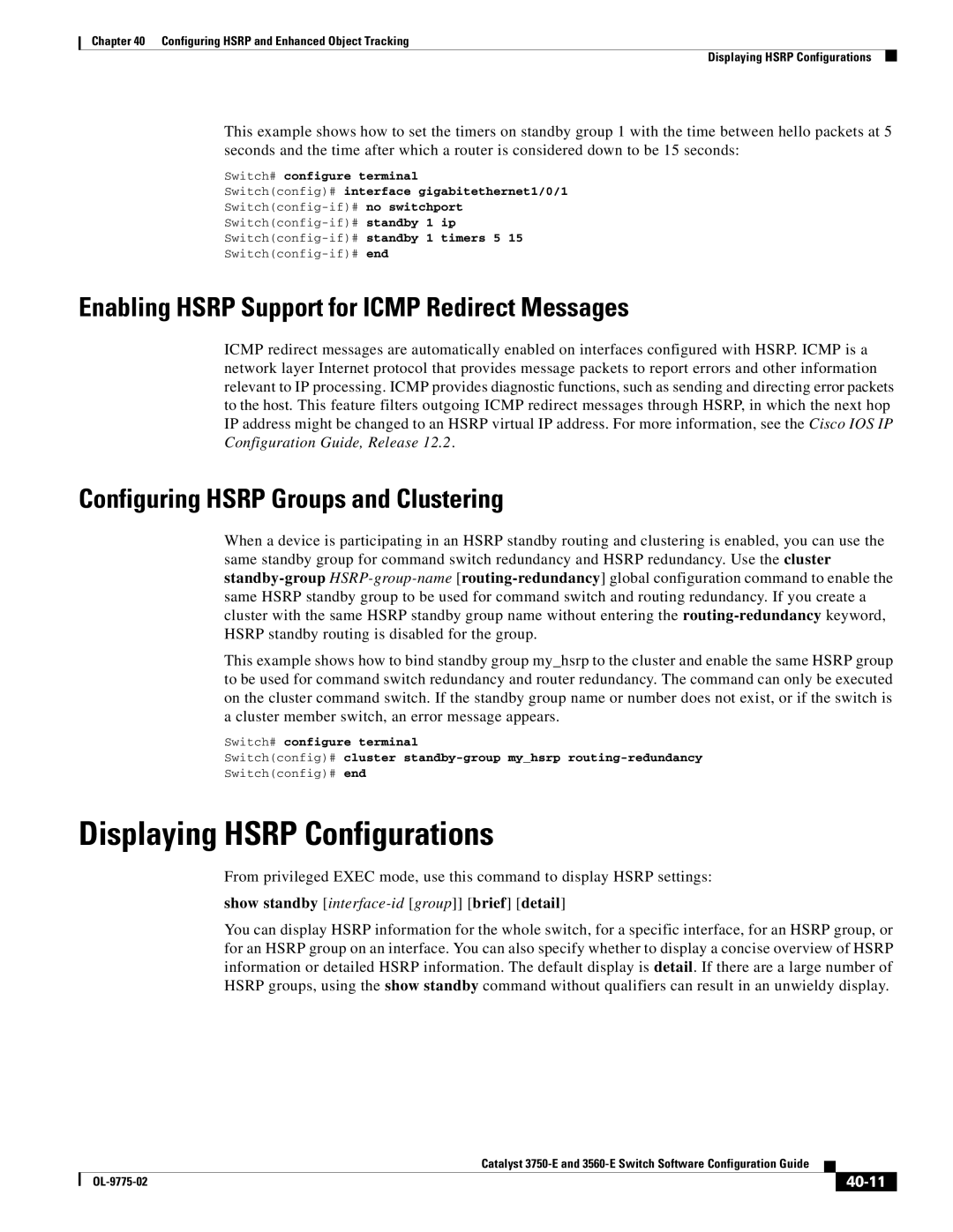 Cisco Systems 3750E manual Displaying Hsrp Configurations, Enabling Hsrp Support for Icmp Redirect Messages, 40-11 