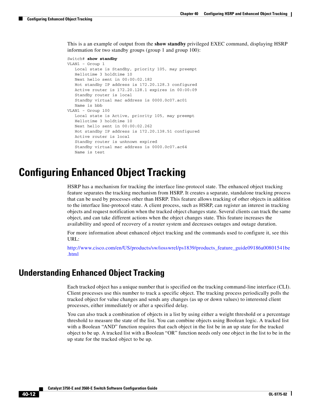 Cisco Systems 3750E manual Configuring Enhanced Object Tracking, Understanding Enhanced Object Tracking, 40-12 