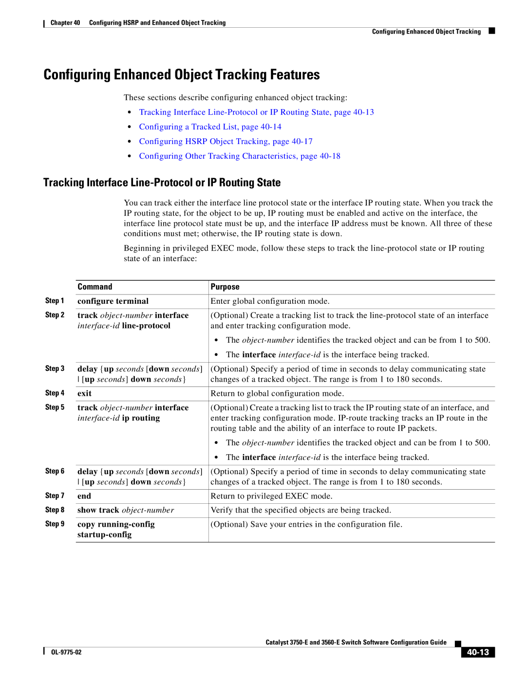 Cisco Systems 3750E Configuring Enhanced Object Tracking Features, Tracking Interface Line-Protocol or IP Routing State 