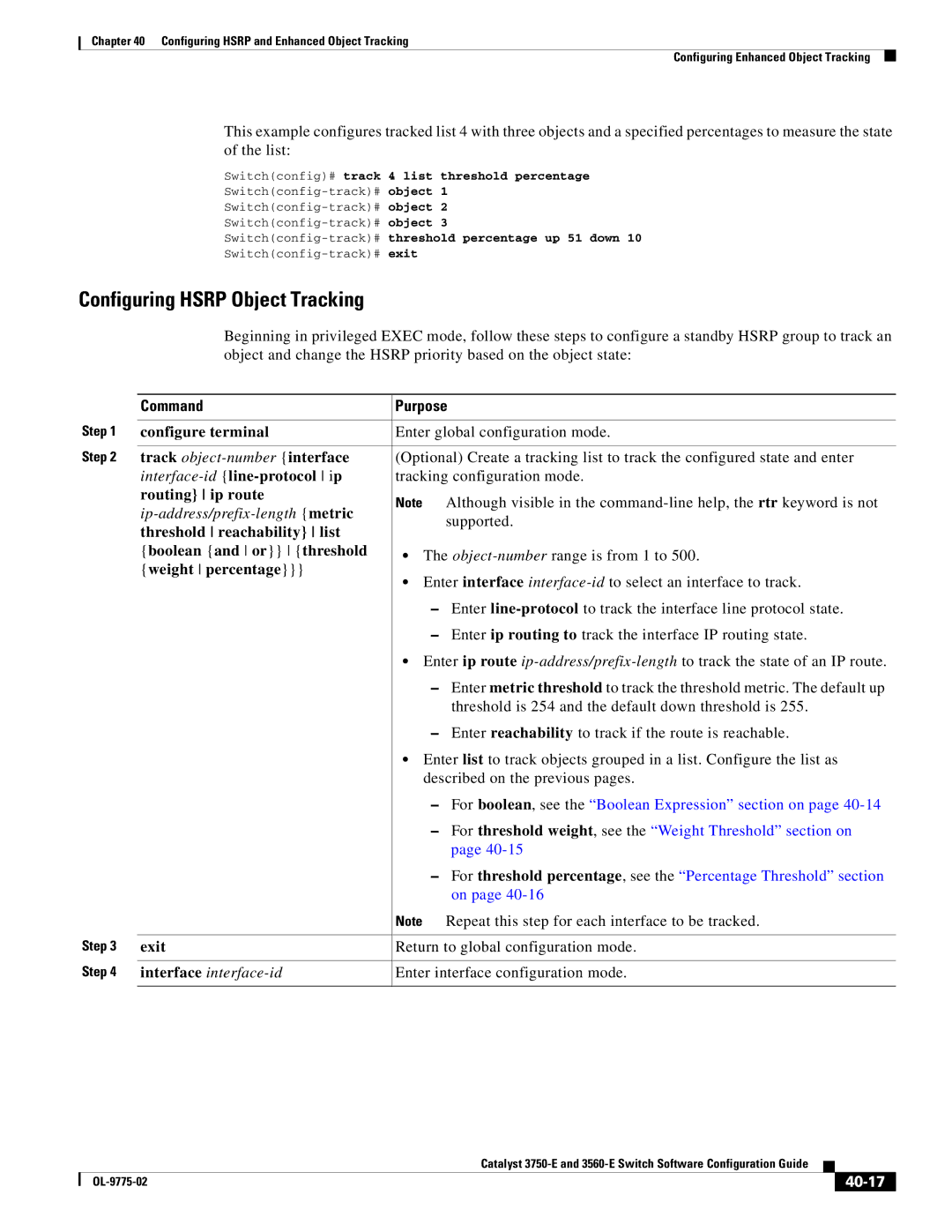 Cisco Systems 3750E manual Configuring Hsrp Object Tracking, 40-17 