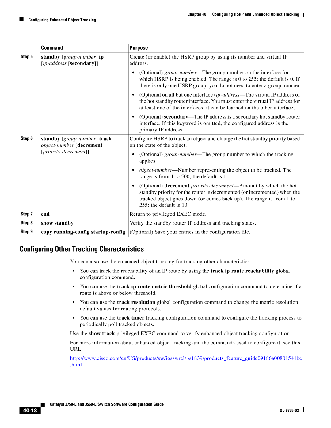 Cisco Systems 3750E manual Configuring Other Tracking Characteristics, Show standby, 40-18 