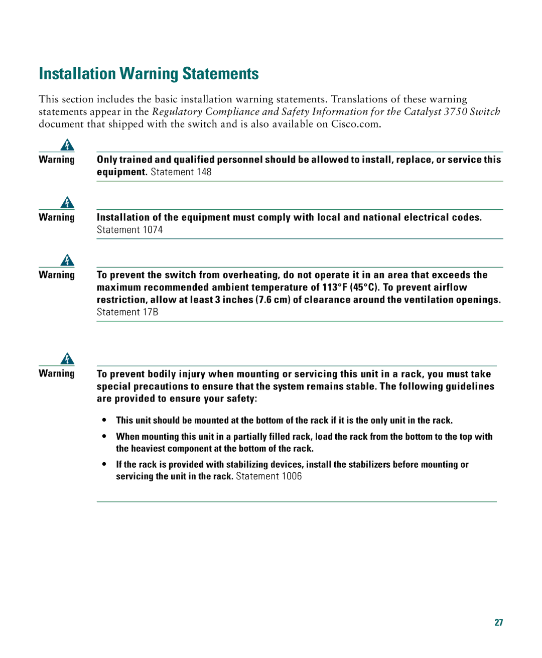 Cisco Systems 3750G manual Installation Warning Statements 