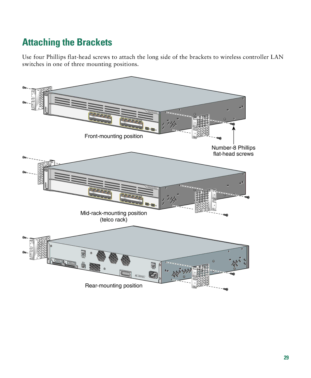 Cisco Systems 3750G manual Attaching the Brackets, Front-mounting position 