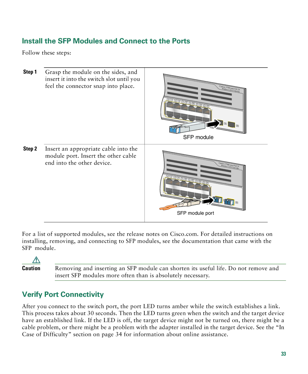 Cisco Systems 3750G manual Install the SFP Modules and Connect to the Ports 