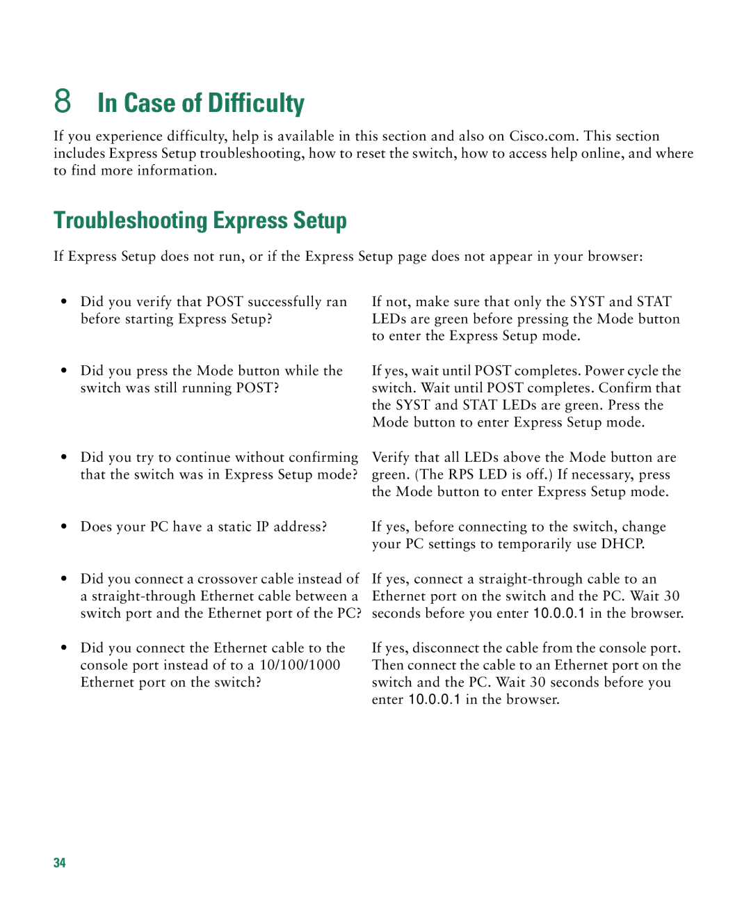 Cisco Systems 3750G manual Case of Difficulty, Troubleshooting Express Setup 