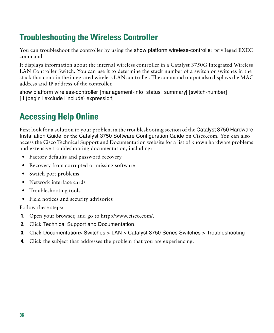 Cisco Systems 3750G manual Troubleshooting the Wireless Controller, Accessing Help Online 