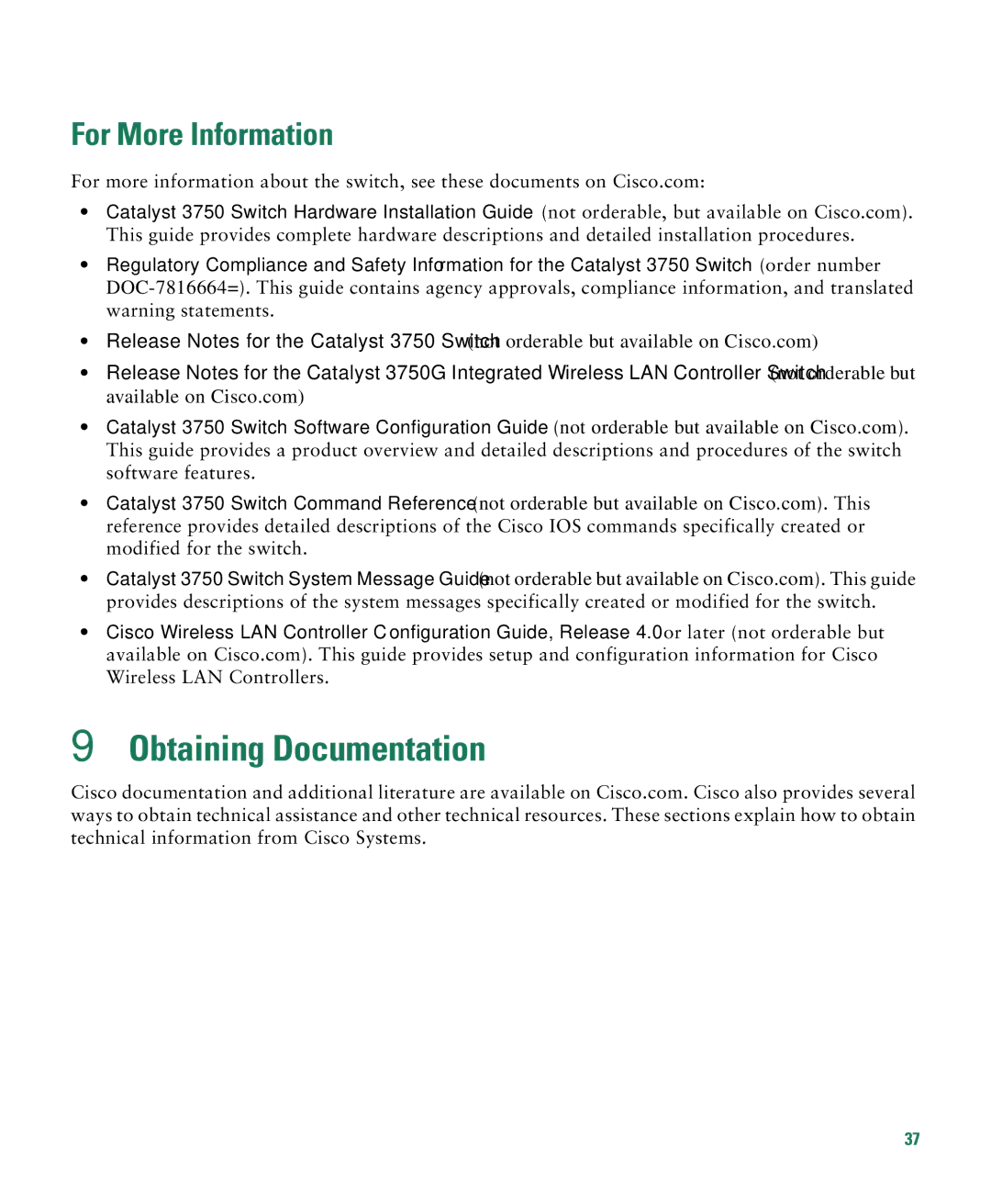 Cisco Systems 3750G manual Obtaining Documentation, For More Information 