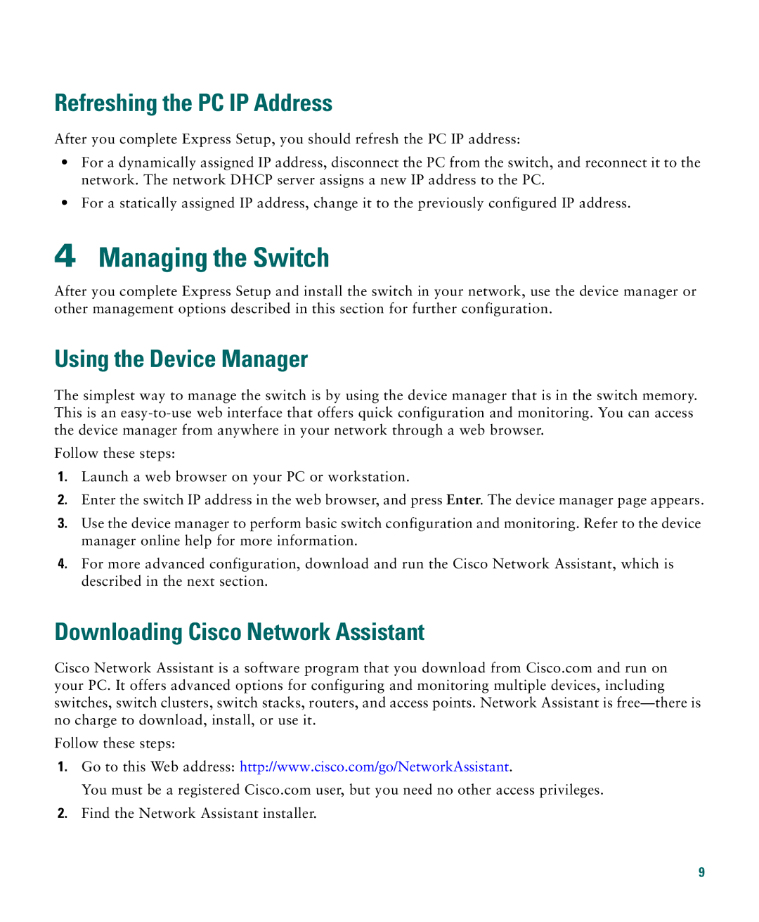 Cisco Systems 3750G manual Managing the Switch, Refreshing the PC IP Address, Using the Device Manager 