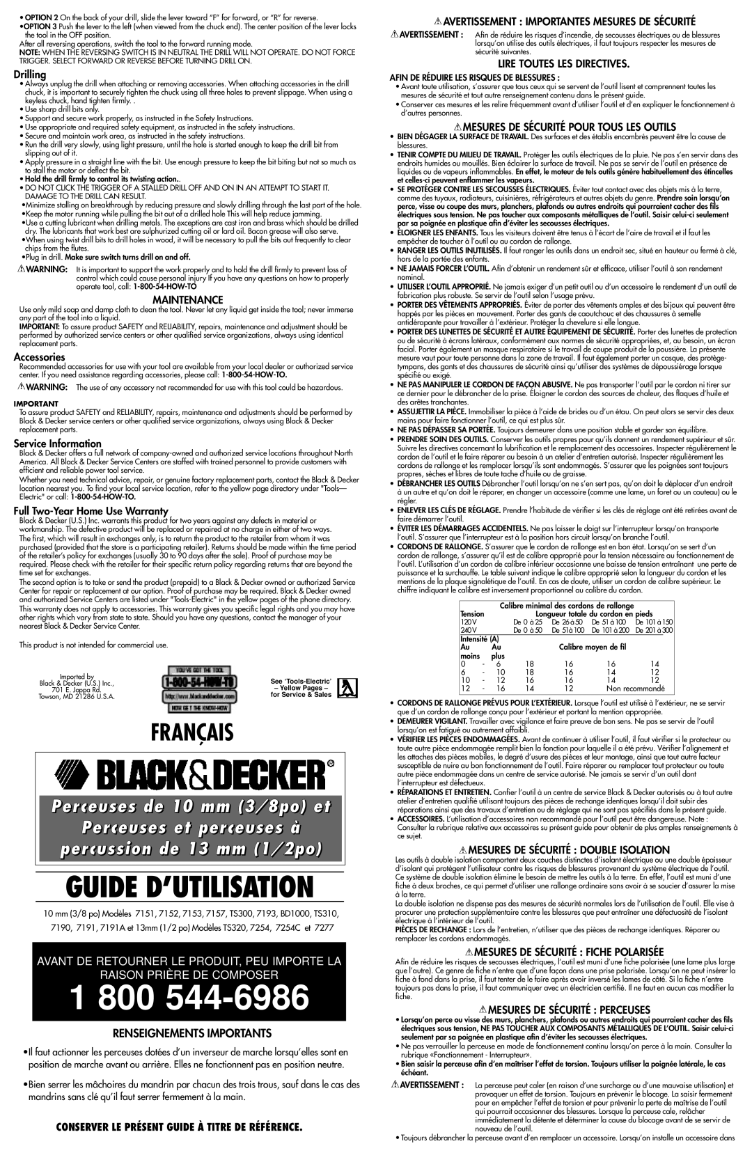 Cisco Systems 3/8 DRILLS CAT. NOS. TS310 instruction manual Maintenance, Avertissement Importantes Mesures DE Sécurité 