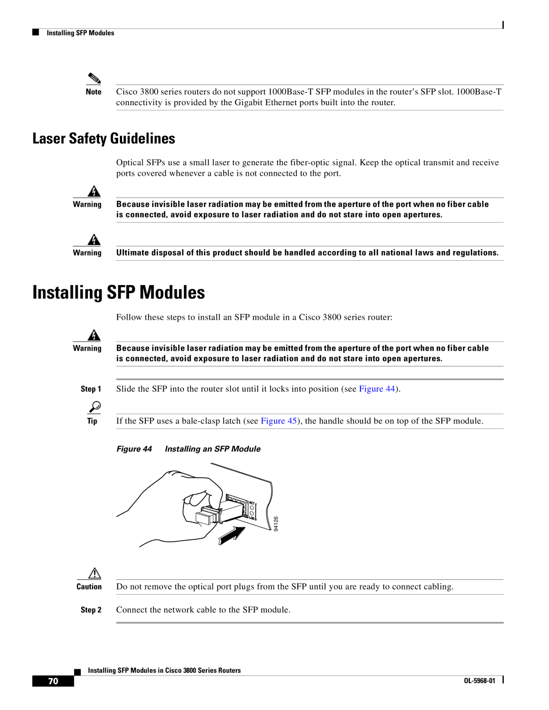 Cisco Systems 3800 Series warranty Installing SFP Modules, Laser Safety Guidelines 