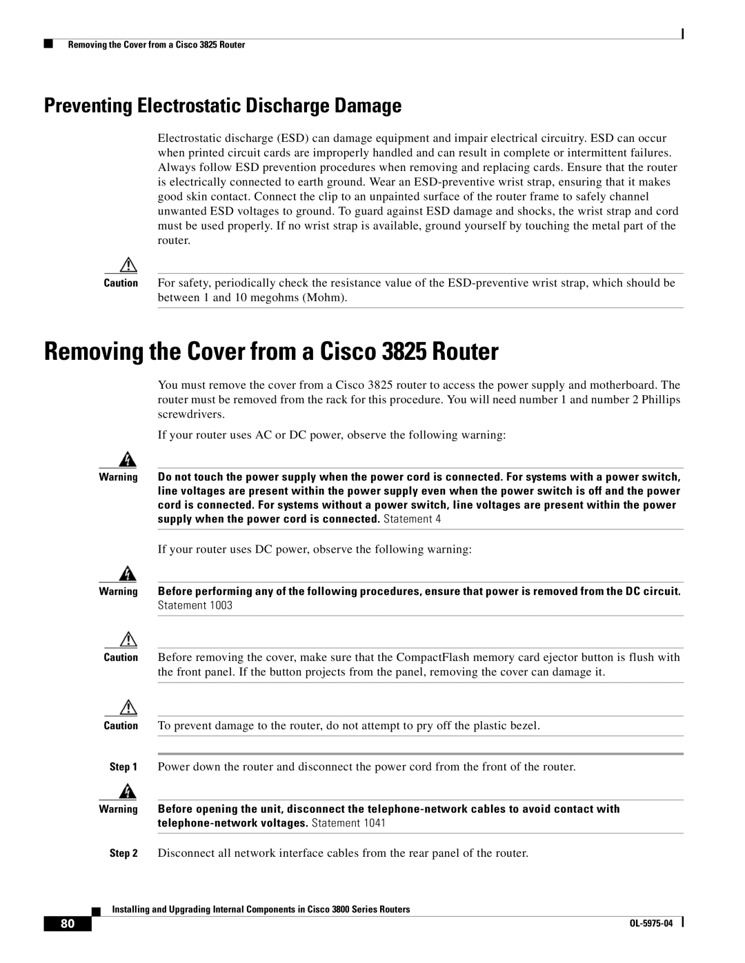 Cisco Systems 3800 Series warranty Removing the Cover from a Cisco 3825 Router, Preventing Electrostatic Discharge Damage 