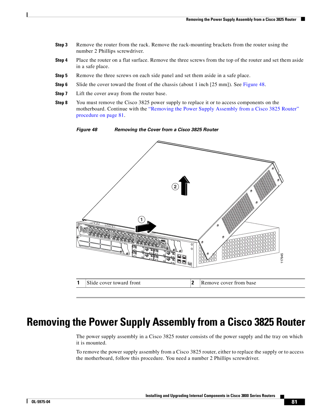 Cisco Systems 3800 Series warranty Removing the Power Supply Assembly from a Cisco 3825 Router 