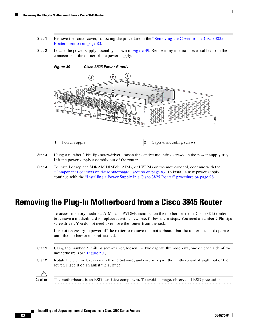 Cisco Systems 3800 Series warranty Removing the Plug-In Motherboard from a Cisco 3845 Router 