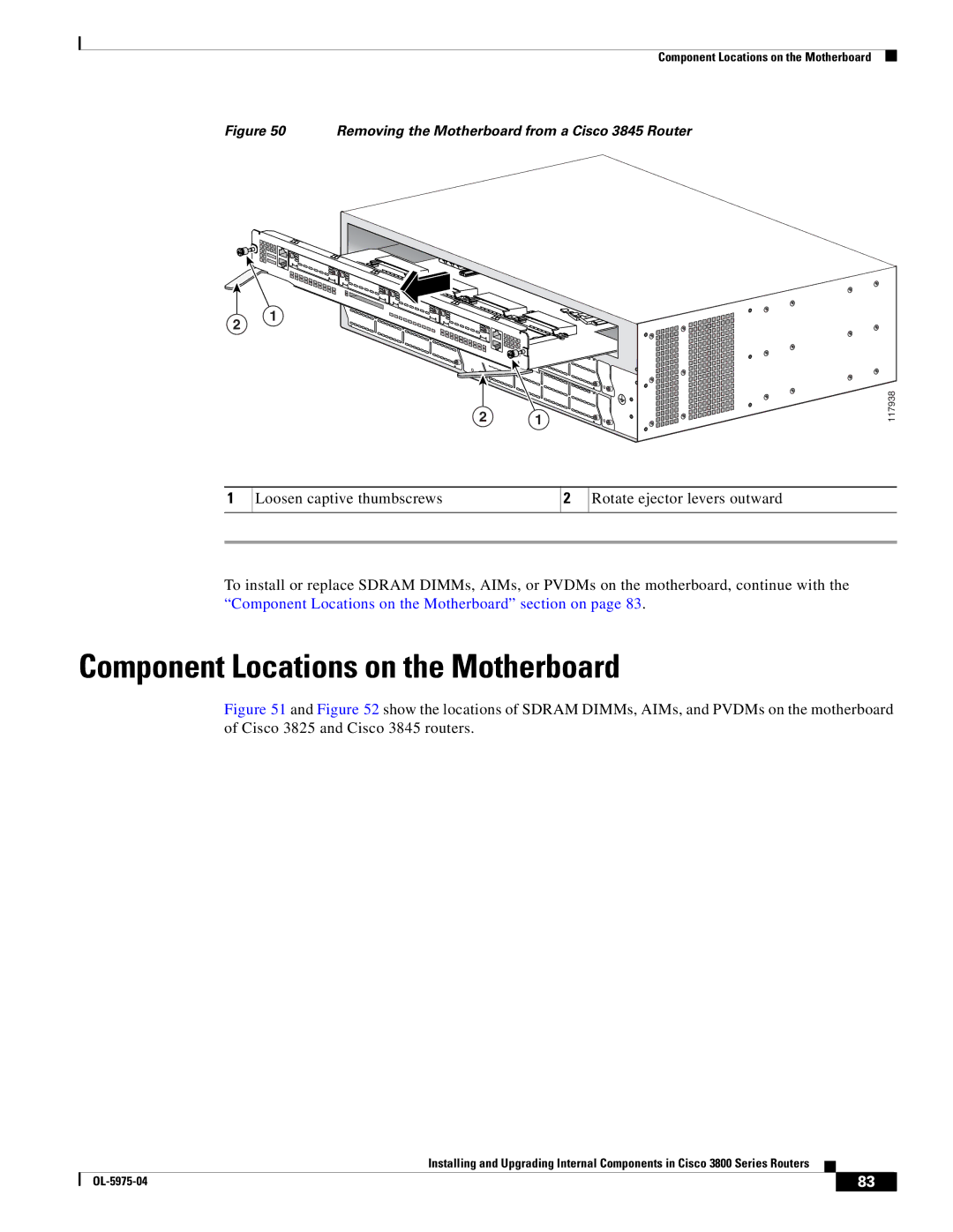 Cisco Systems 3800 Series Component Locations on the Motherboard, Removing the Motherboard from a Cisco 3845 Router 