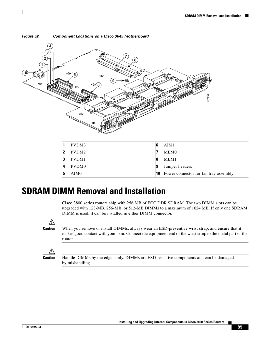 Cisco Systems 3800 Series warranty Sdram Dimm Removal and Installation, Component Locations on a Cisco 3845 Motherboard 