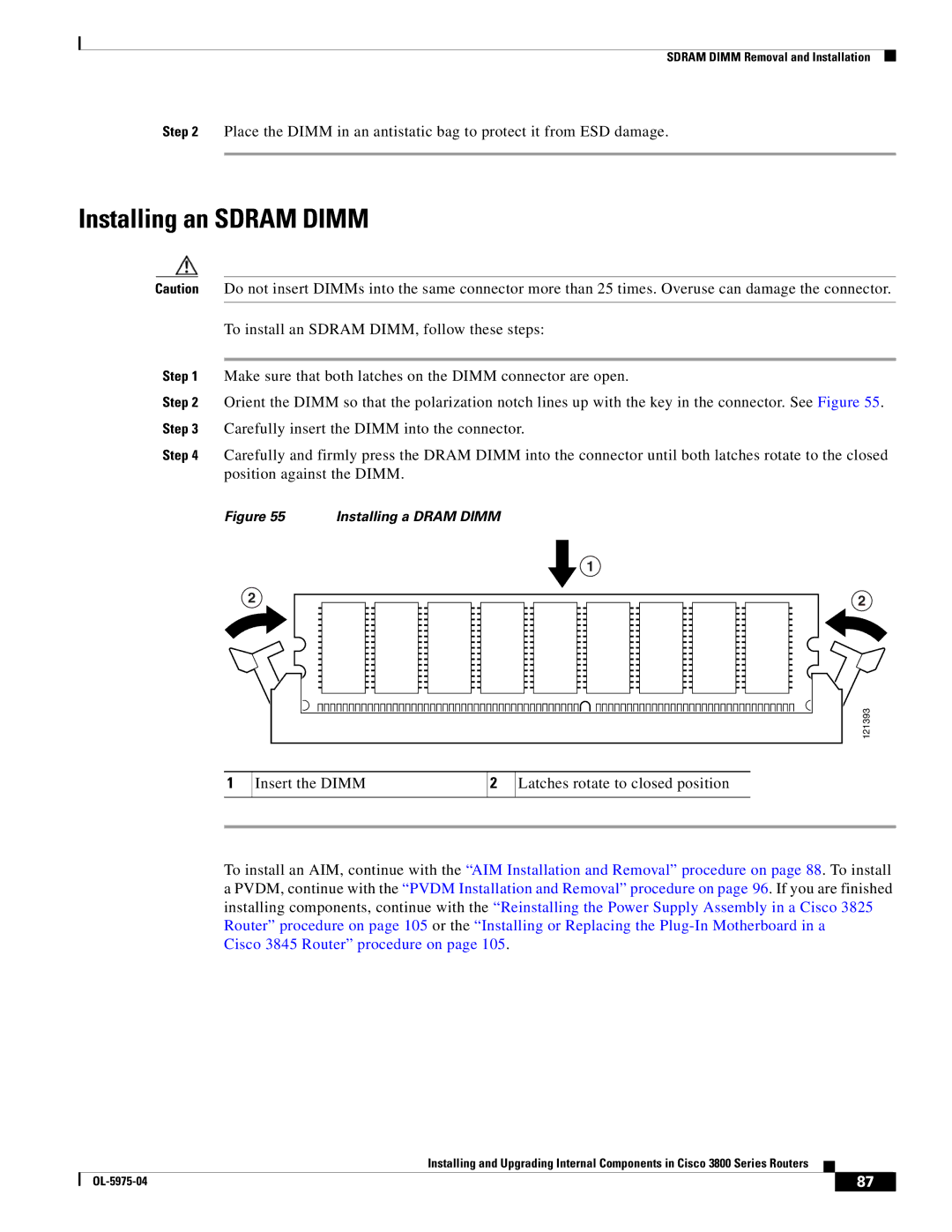 Cisco Systems 3800 Series warranty Installing an Sdram Dimm, Cisco 3845 Router procedure on 