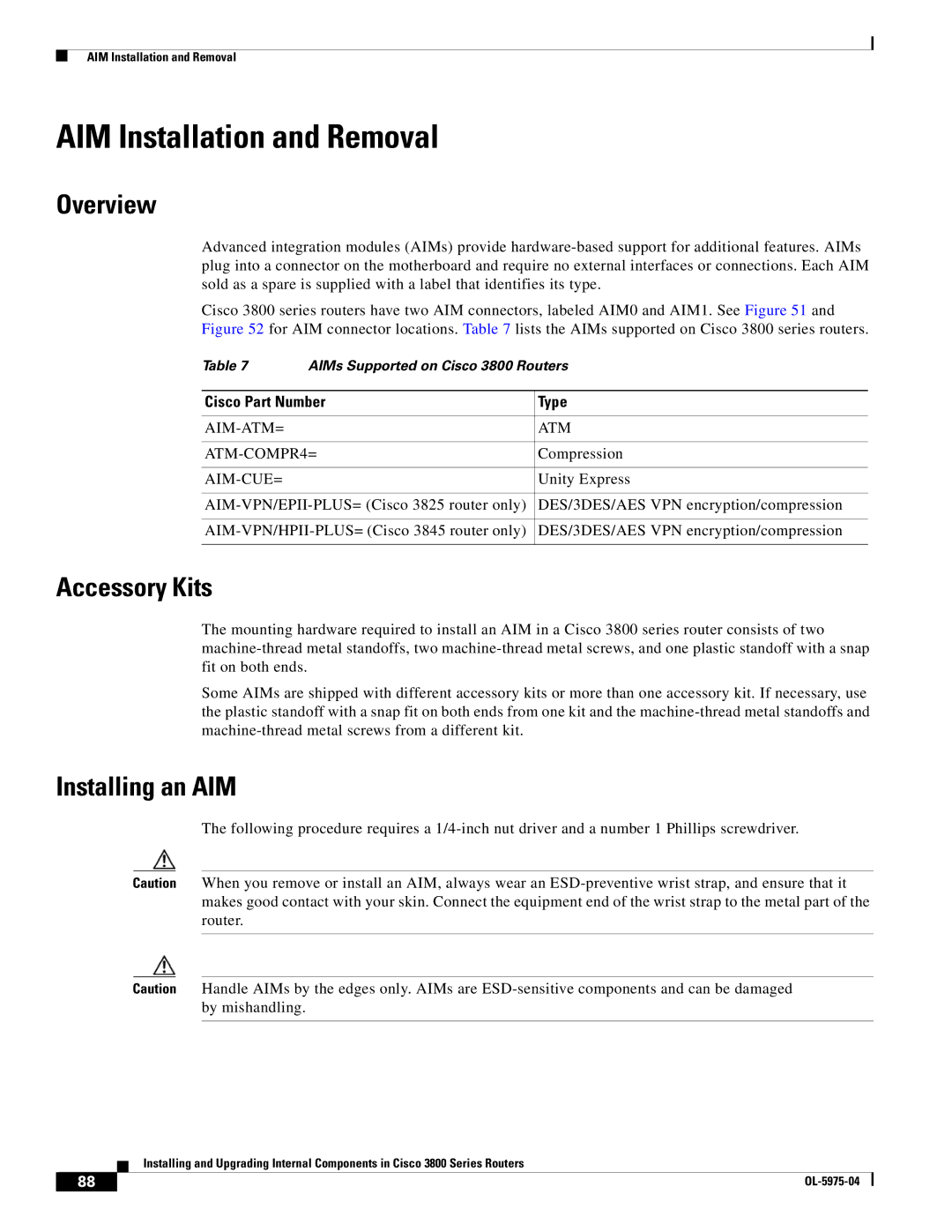 Cisco Systems 3800 Series warranty AIM Installation and Removal, Overview, Accessory Kits, Installing an AIM 