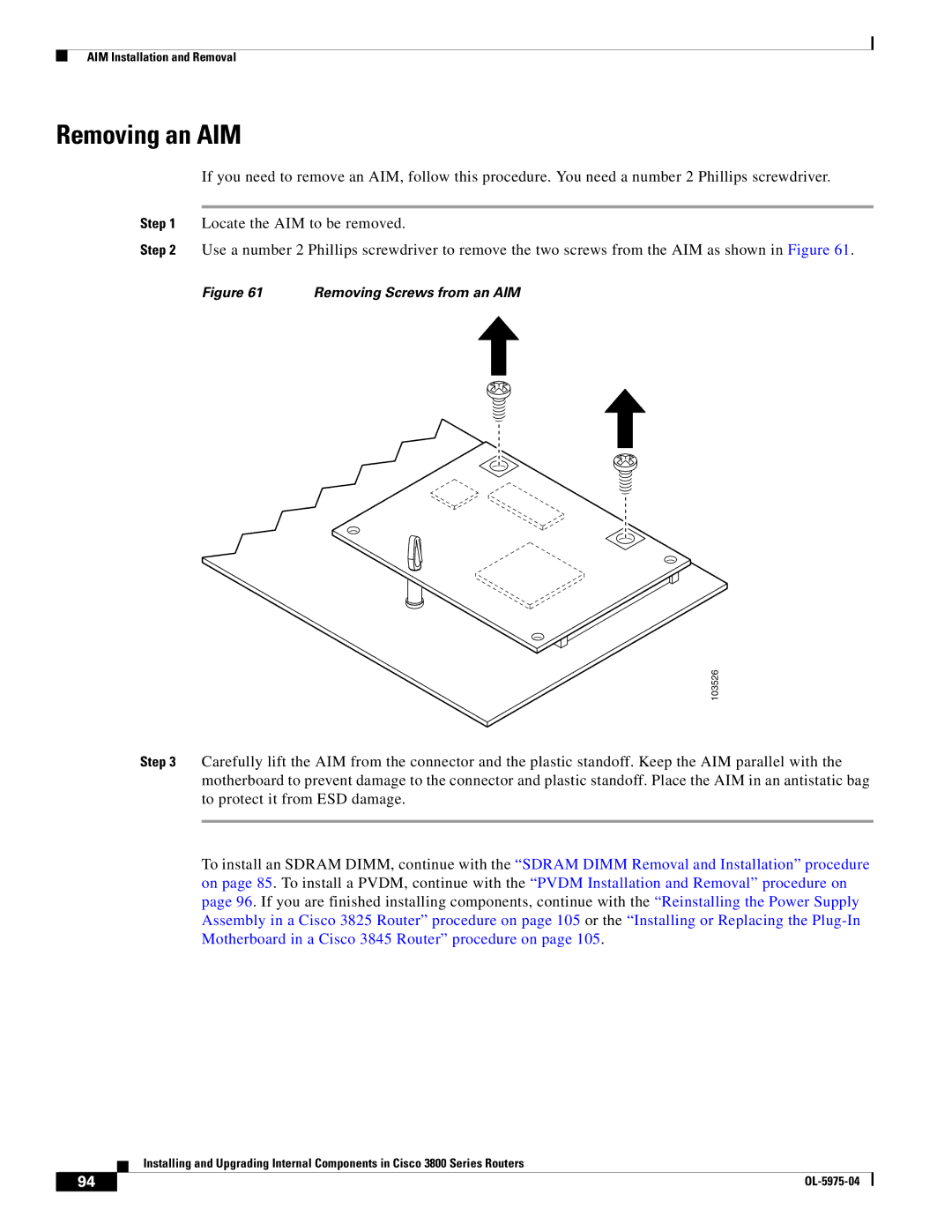 Cisco Systems 3800 Series warranty Removing an AIM, Removing Screws from an AIM 