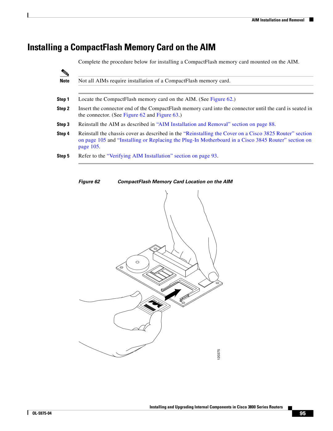 Cisco Systems 3800 Series Installing a CompactFlash Memory Card on the AIM, CompactFlash Memory Card Location on the AIM 