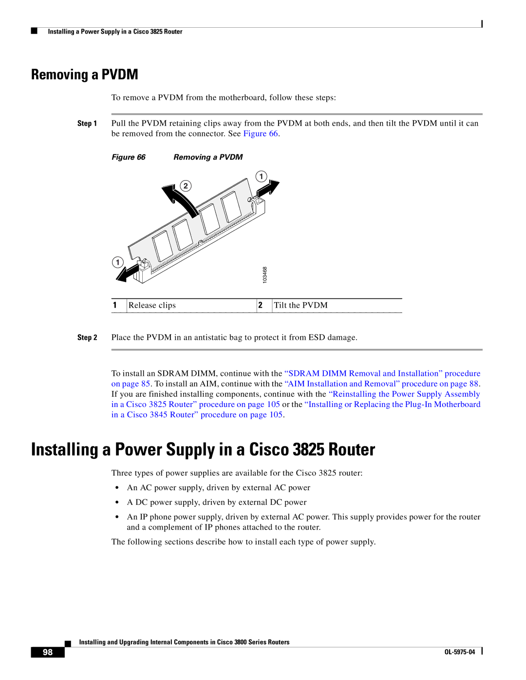 Cisco Systems 3800 Series warranty Installing a Power Supply in a Cisco 3825 Router, Removing a Pvdm 