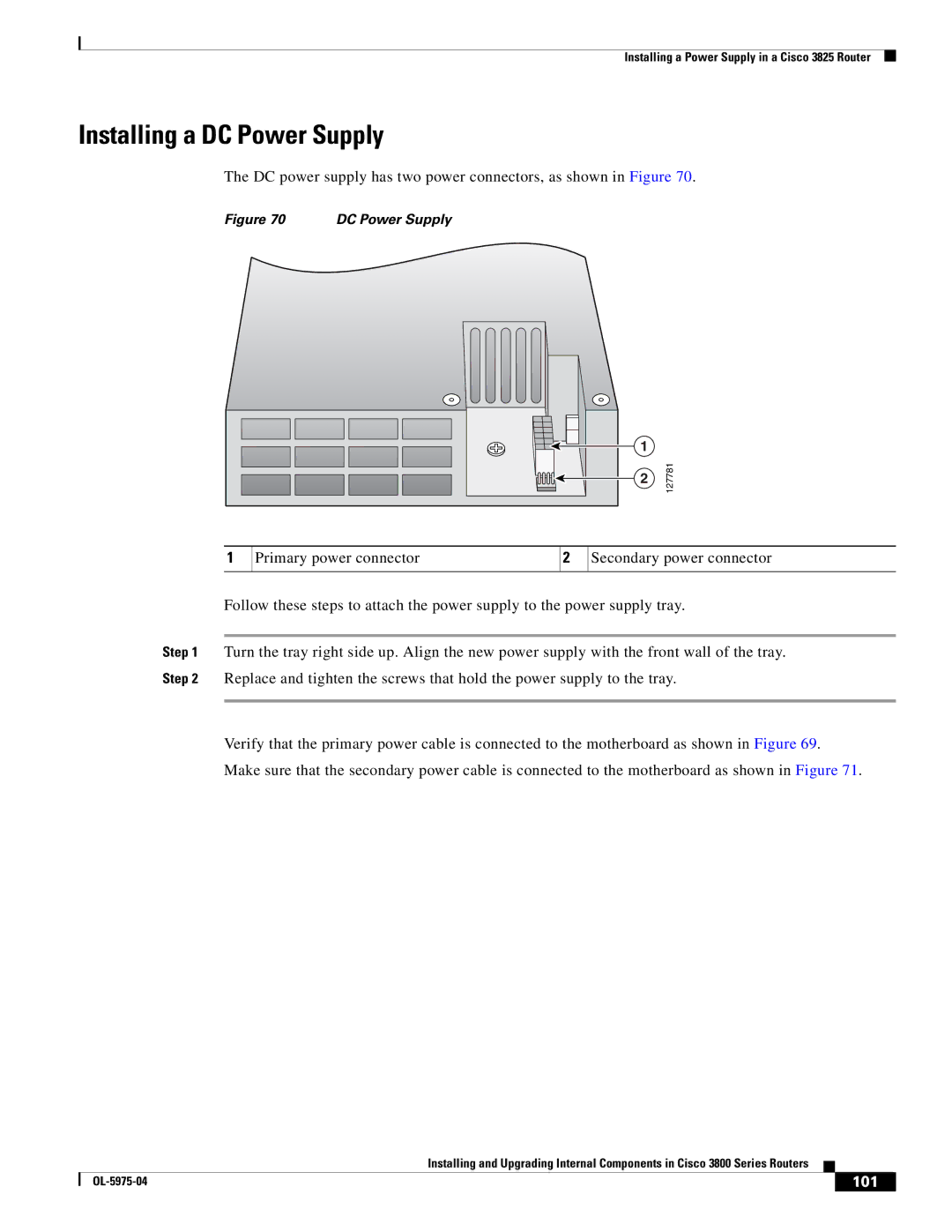 Cisco Systems 3800 Series warranty Installing a DC Power Supply, 101 