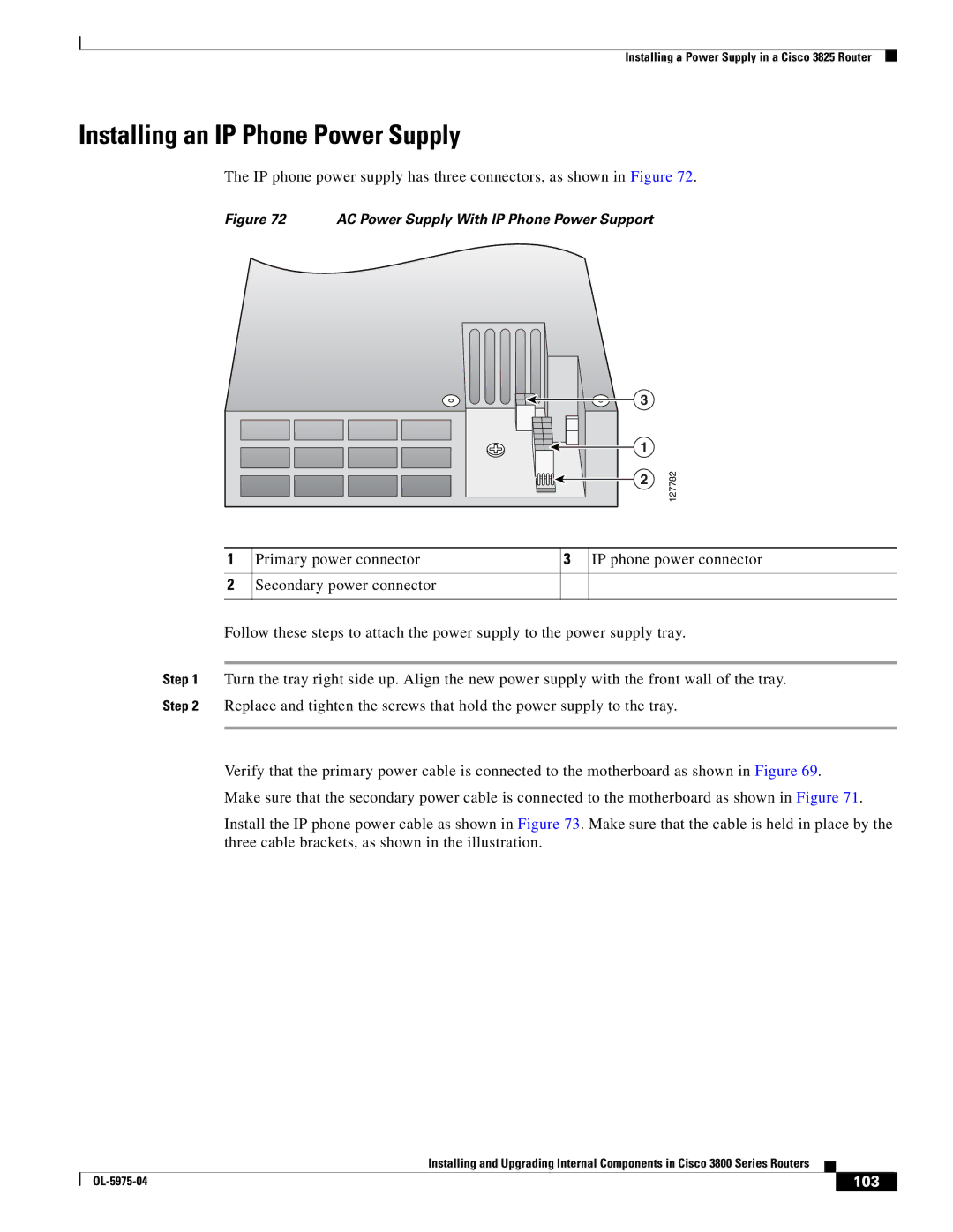 Cisco Systems 3800 Series warranty Installing an IP Phone Power Supply, 103 