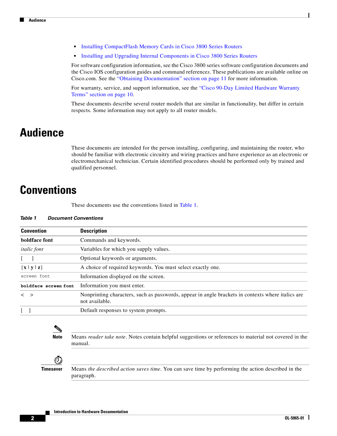 Cisco Systems 3800 Series warranty Audience, Conventions, Convention Description 