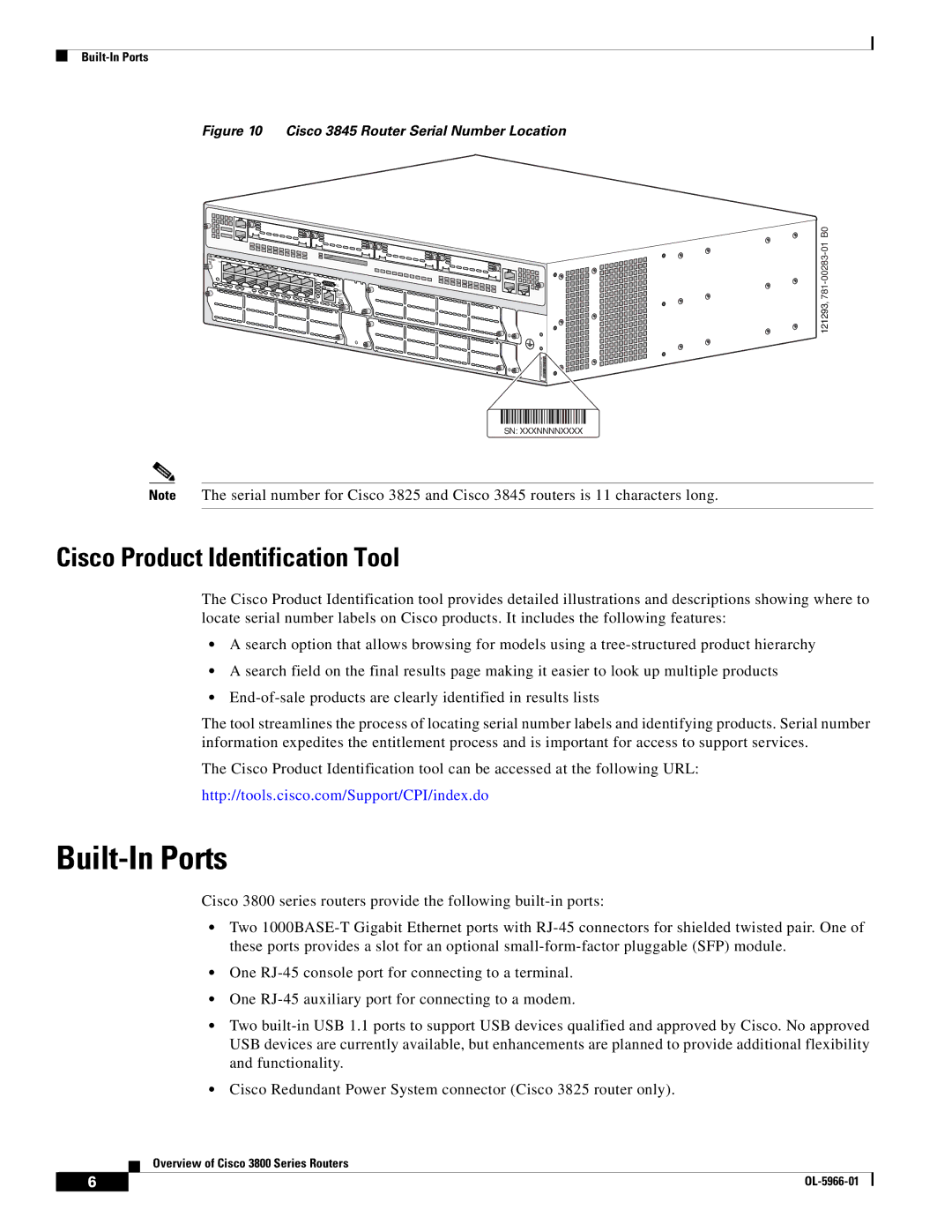 Cisco Systems 3800 Series warranty Built-In Ports, Cisco Product Identification Tool 