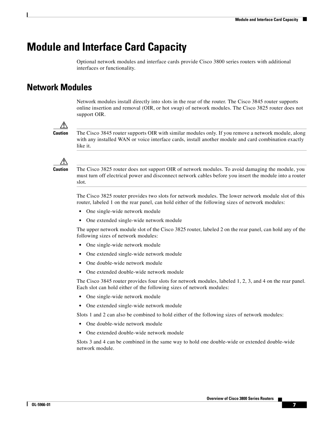 Cisco Systems 3800 Series warranty Module and Interface Card Capacity, Network Modules 